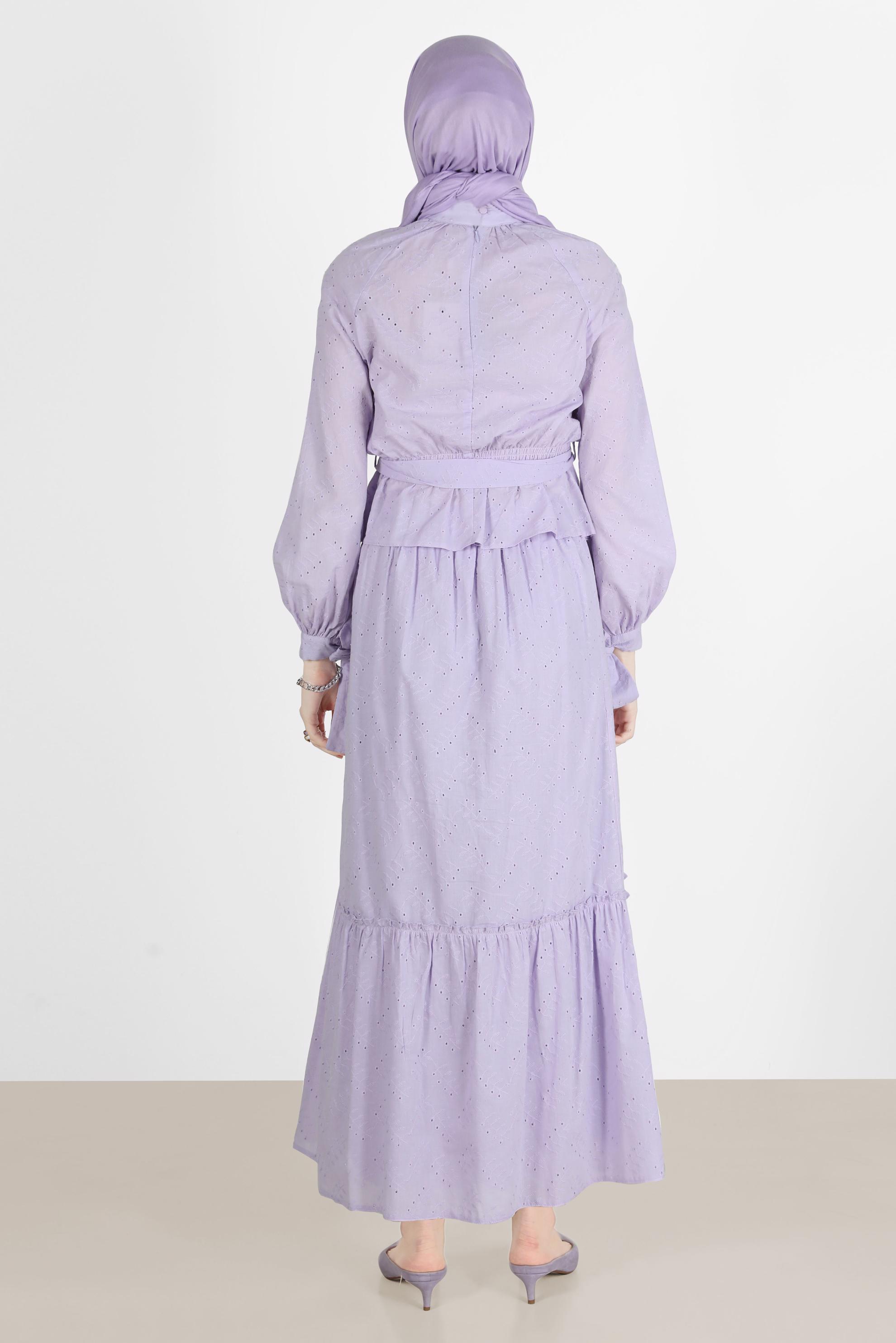 Tesettür giyim MOR BELİ BÜZGÜLÜ KUŞAKLI FİSTOLU İKİLİ ETEKLİ TAKIM 42707 