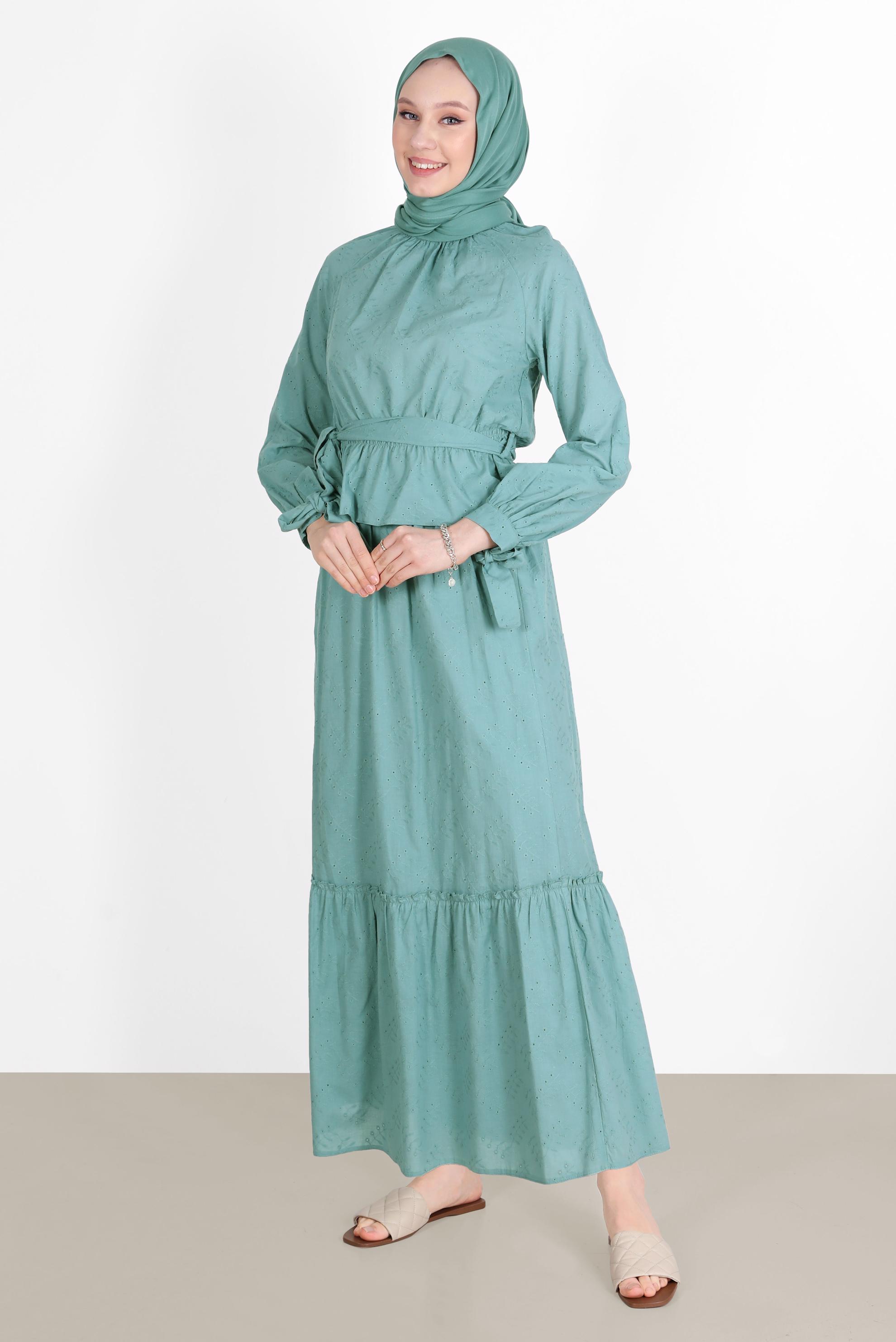 Tesettür giyim MAVİ BELİ BÜZGÜLÜ KUŞAKLI FİSTOLU İKİLİ ETEKLİ TAKIM 42707 