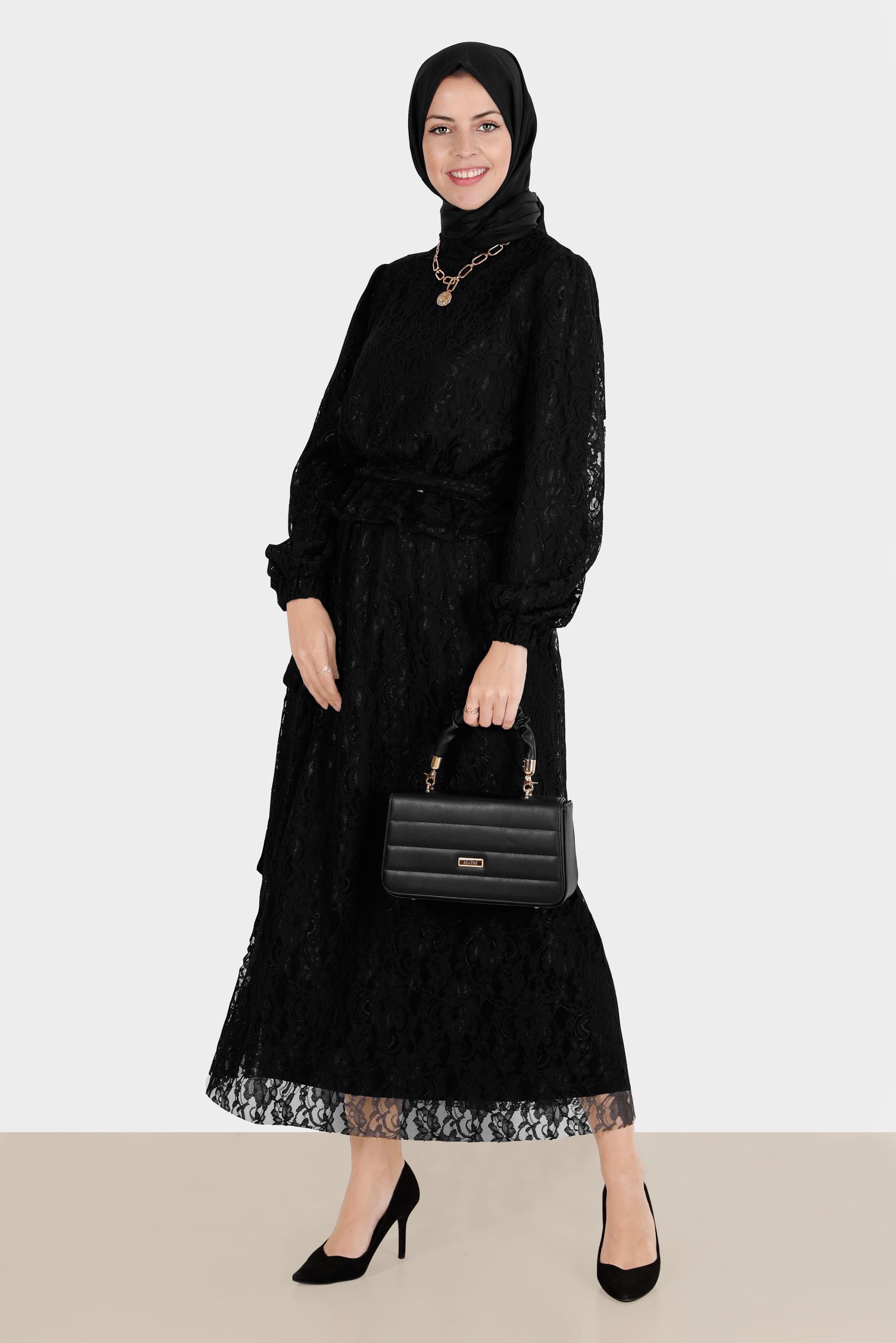 Vêtements hijab NOIR COSTUME JUPE 2 PIÈCES LAÇÉ AVEC CEINTURE 42844