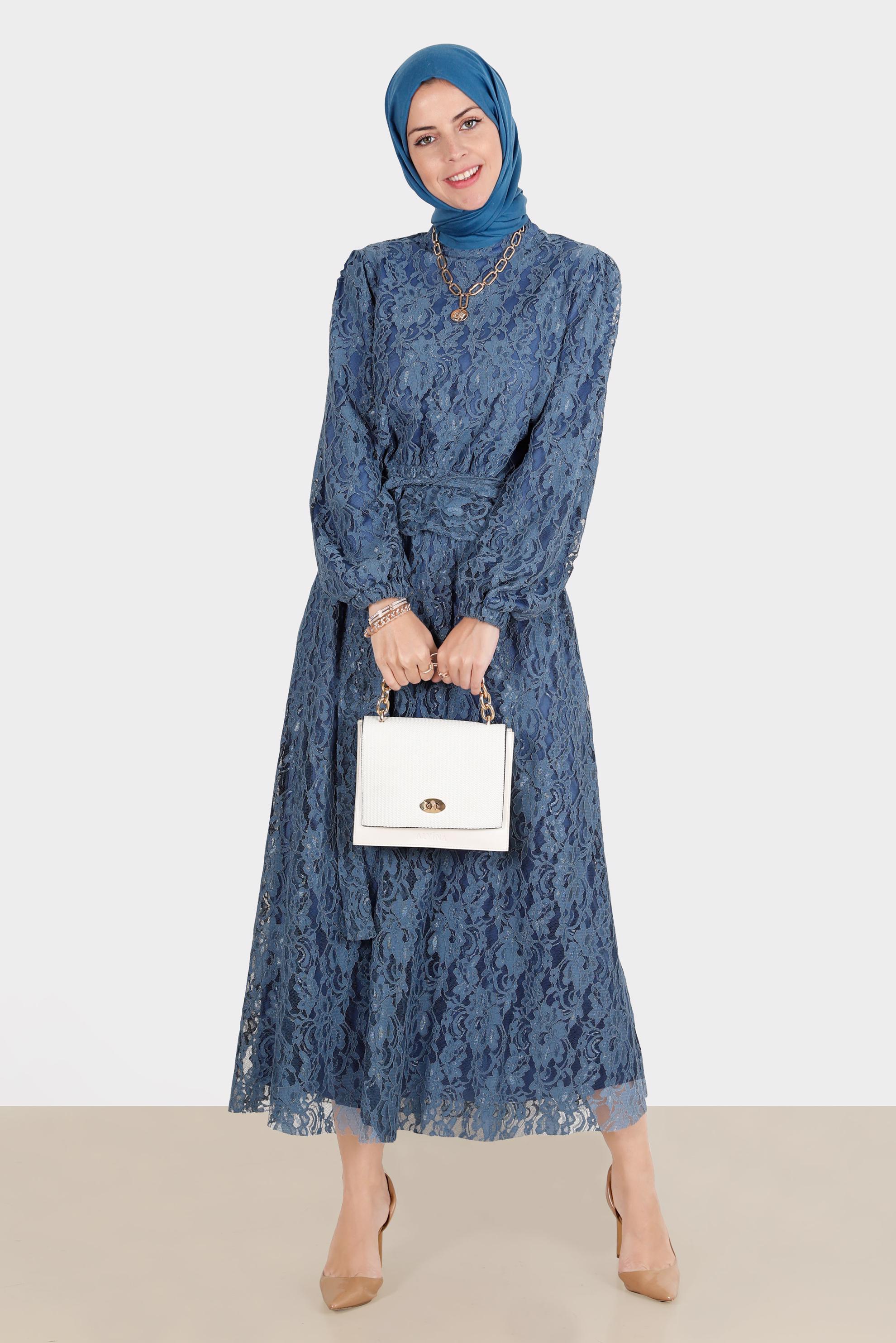 Hijab clothing NAVY BLUE BELTED LACED 2-PIECE SKIRTED SUIT 42844 