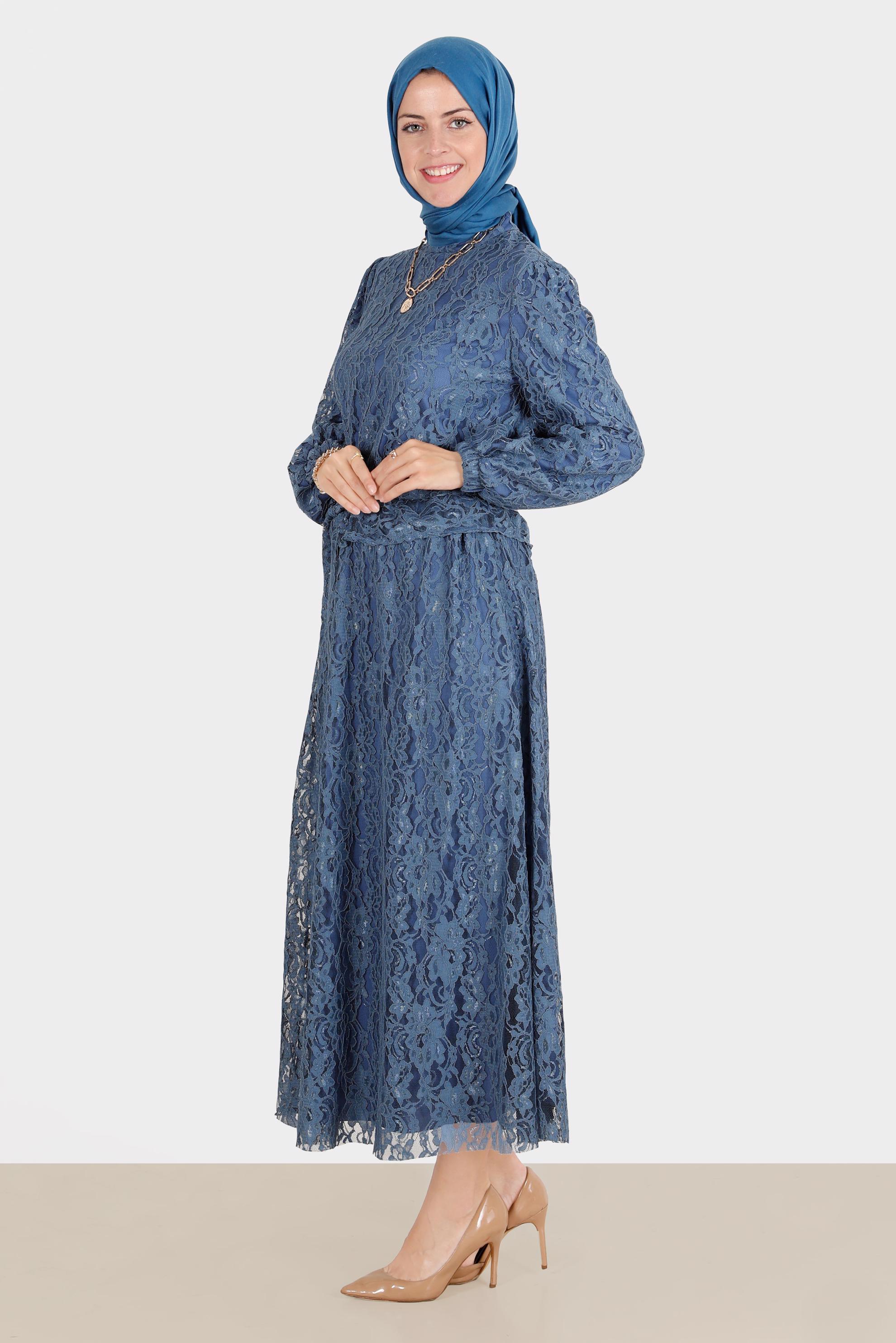 Hijab clothing NAVY BLUE BELTED LACED 2-PIECE SKIRTED SUIT 42844 