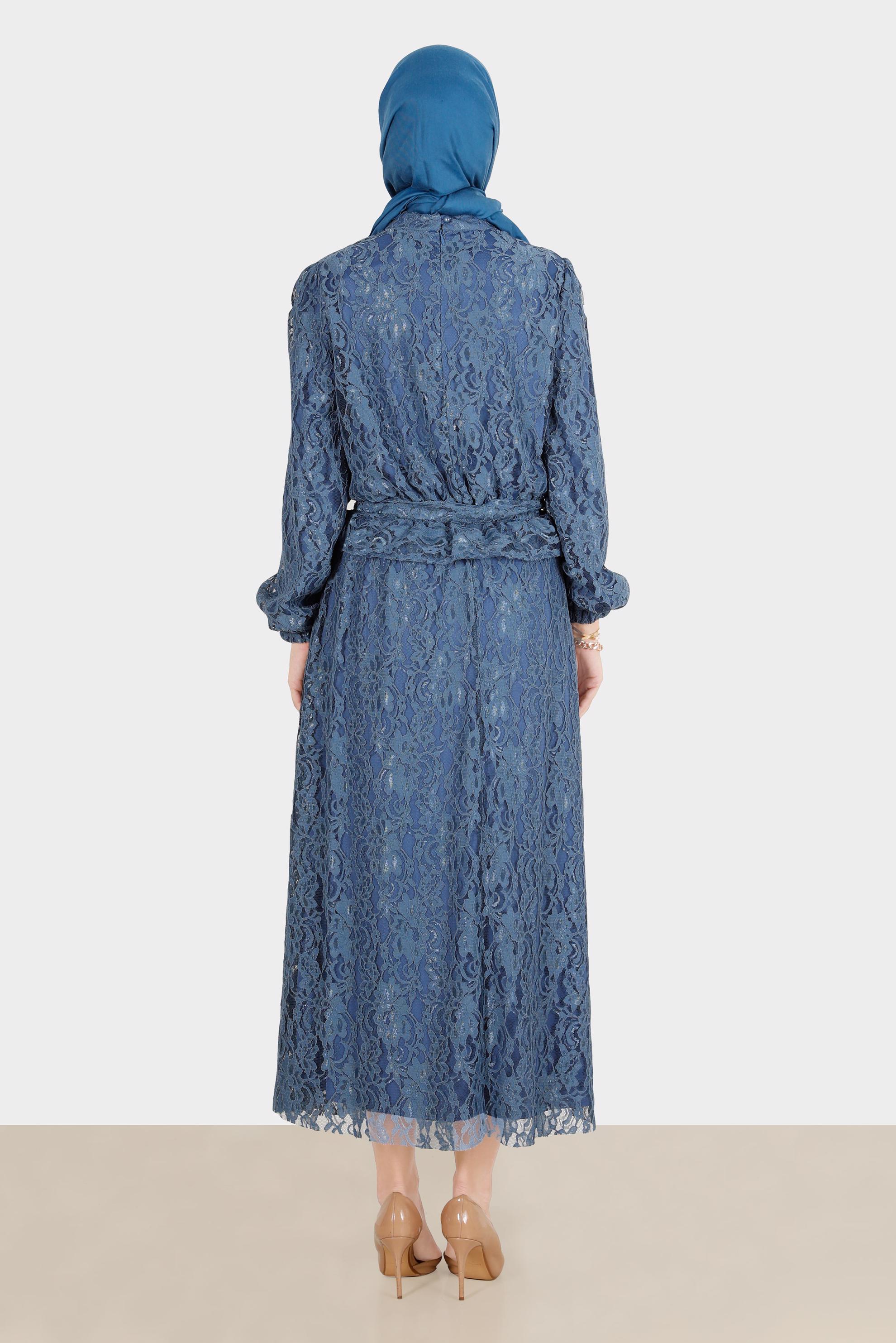 Hijab clothing NAVY BLUE BELTED LACED 2-PIECE SKIRTED SUIT 42844 