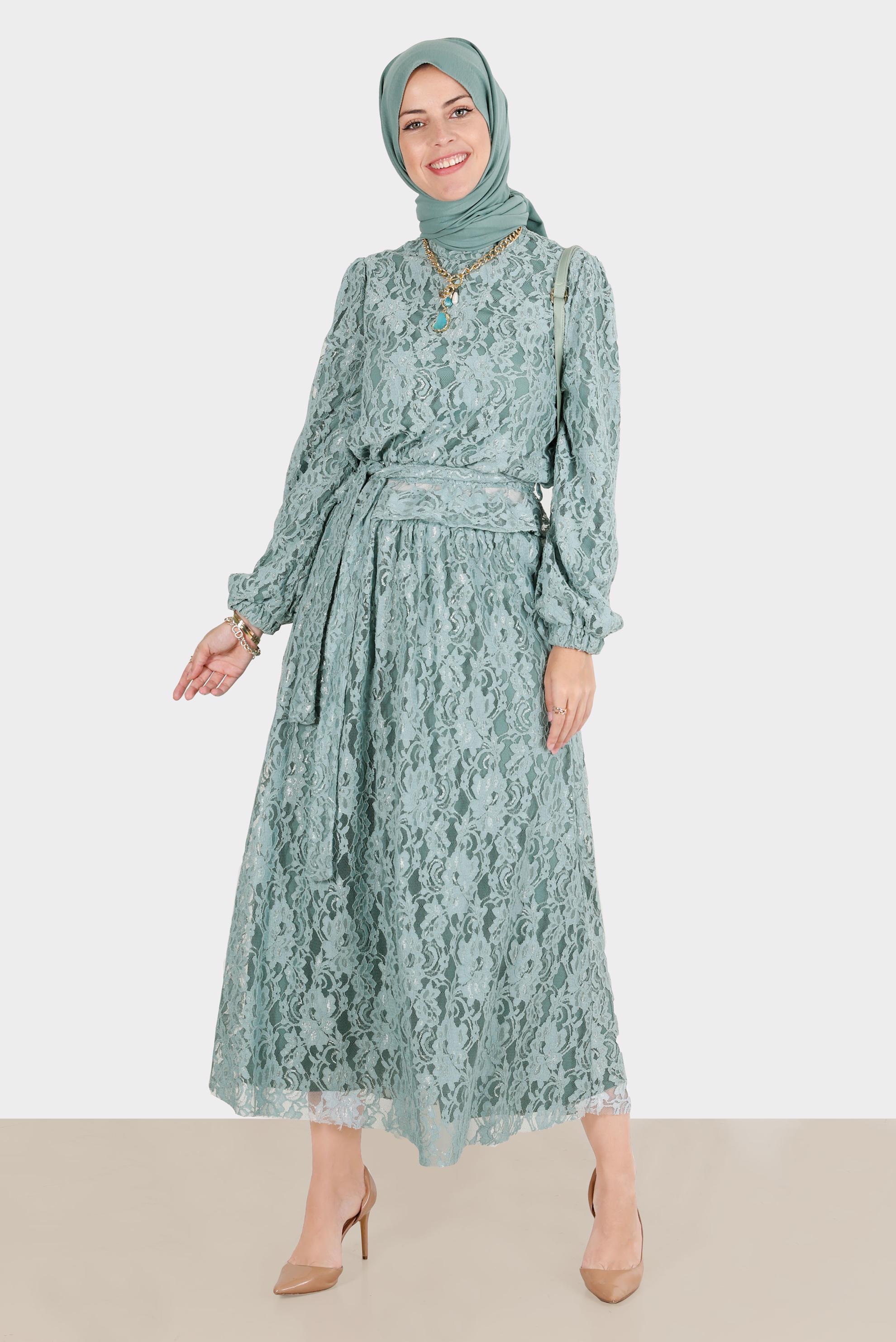 Hijab clothing BLUE BELTED LACED 2-PIECE SKIRTED SUIT 42844 