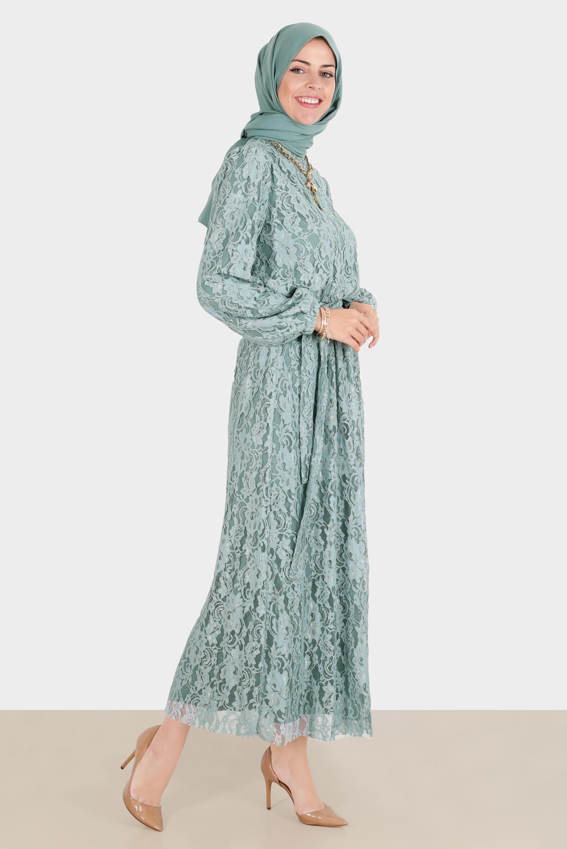 Hijab clothing BLUE BELTED LACED 2-PIECE SKIRTED SUIT 42844 