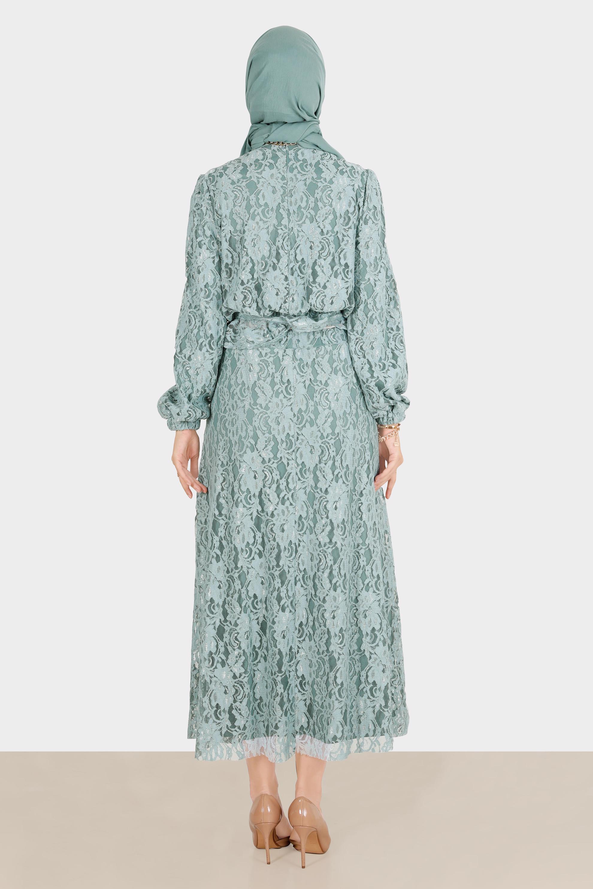 Hijab clothing BLUE BELTED LACED 2-PIECE SKIRTED SUIT 42844 