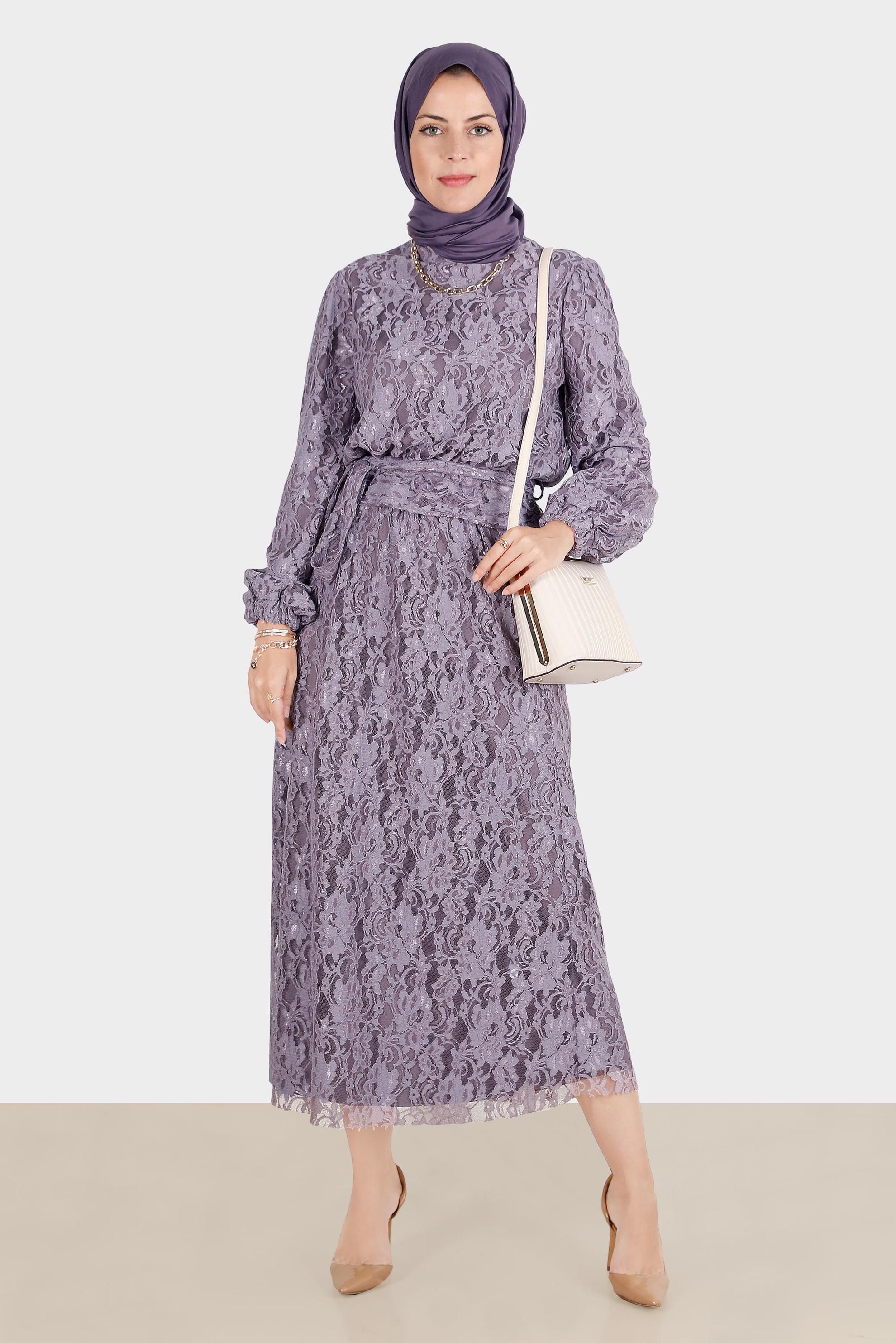 Tesettür giyim MOR KUŞAKLI DANTELLİ İKİLİ ETEKLİ TAKIM 42844 