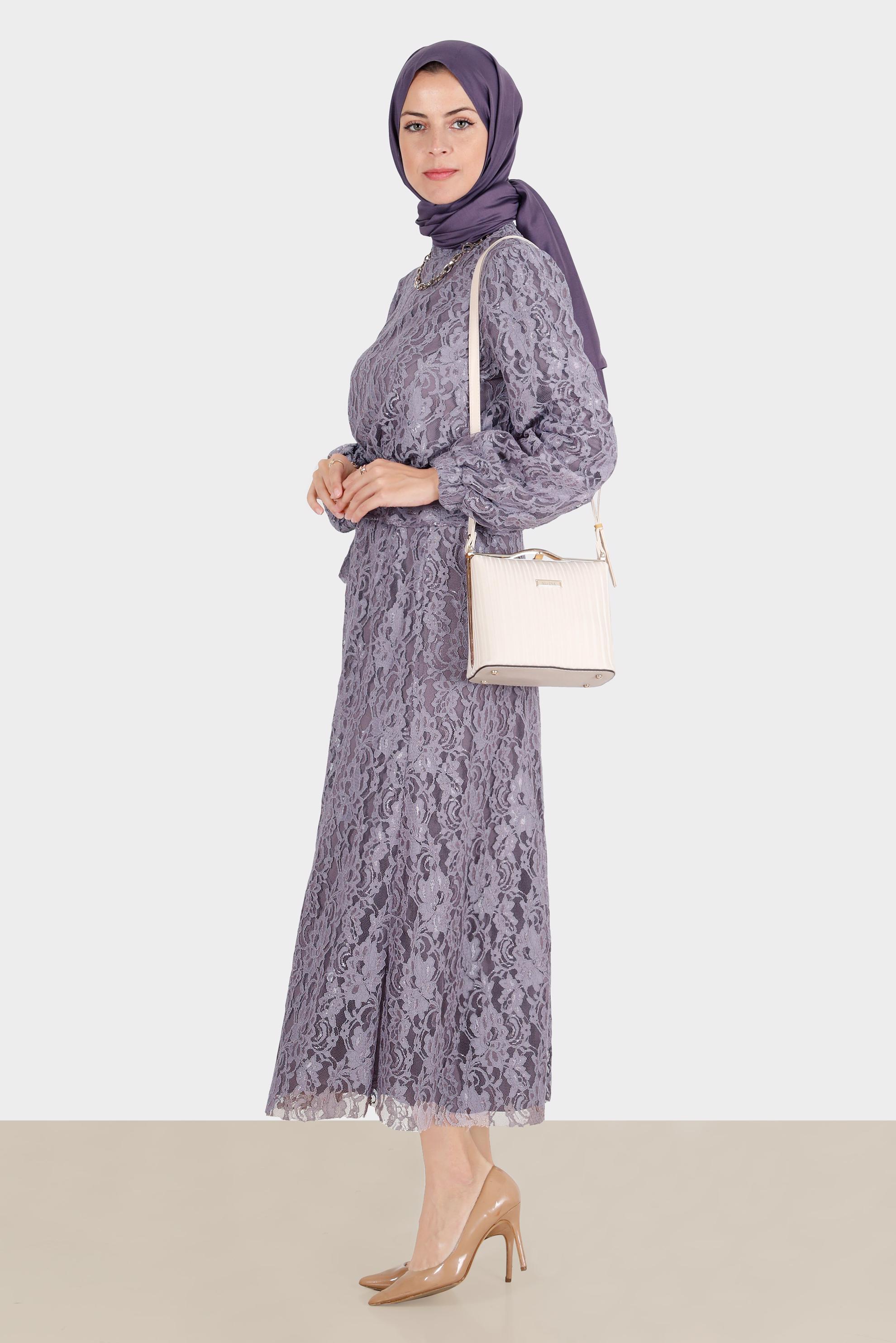 Tesettür giyim MOR KUŞAKLI DANTELLİ İKİLİ ETEKLİ TAKIM 42844 