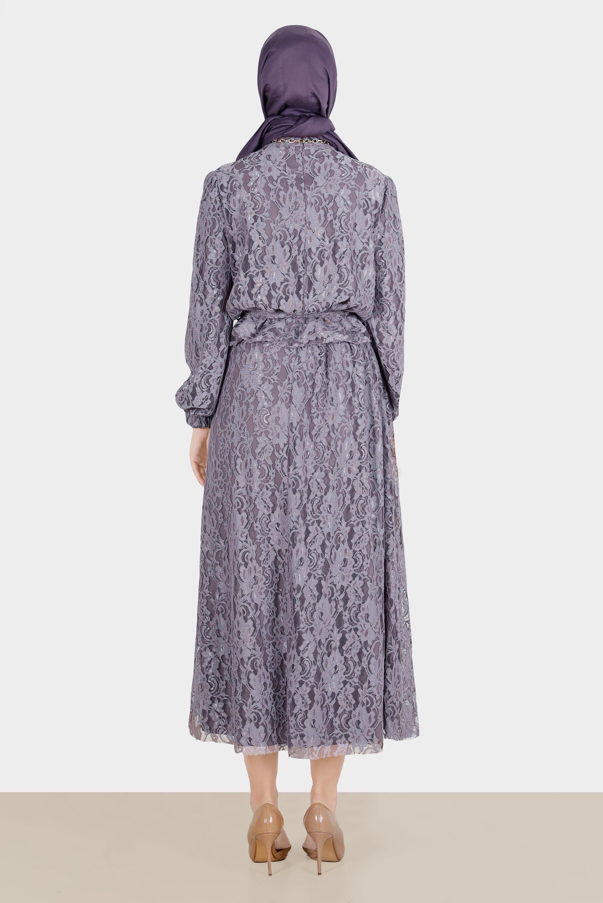 Tesettür giyim MOR KUŞAKLI DANTELLİ İKİLİ ETEKLİ TAKIM 42844 