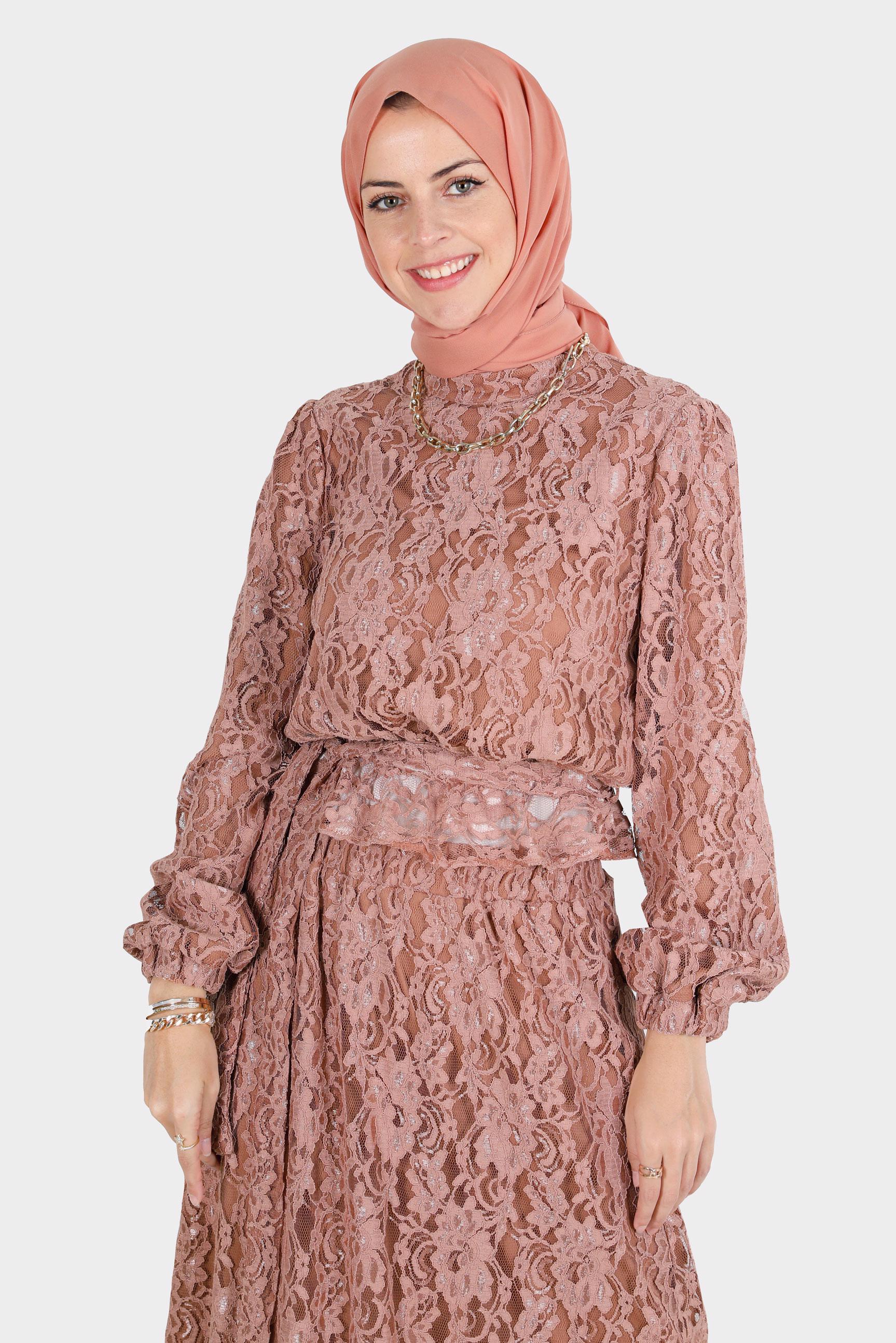 Hijab clothing BROWN BELTED LACED 2-PIECE SKIRTED SUIT 42844 