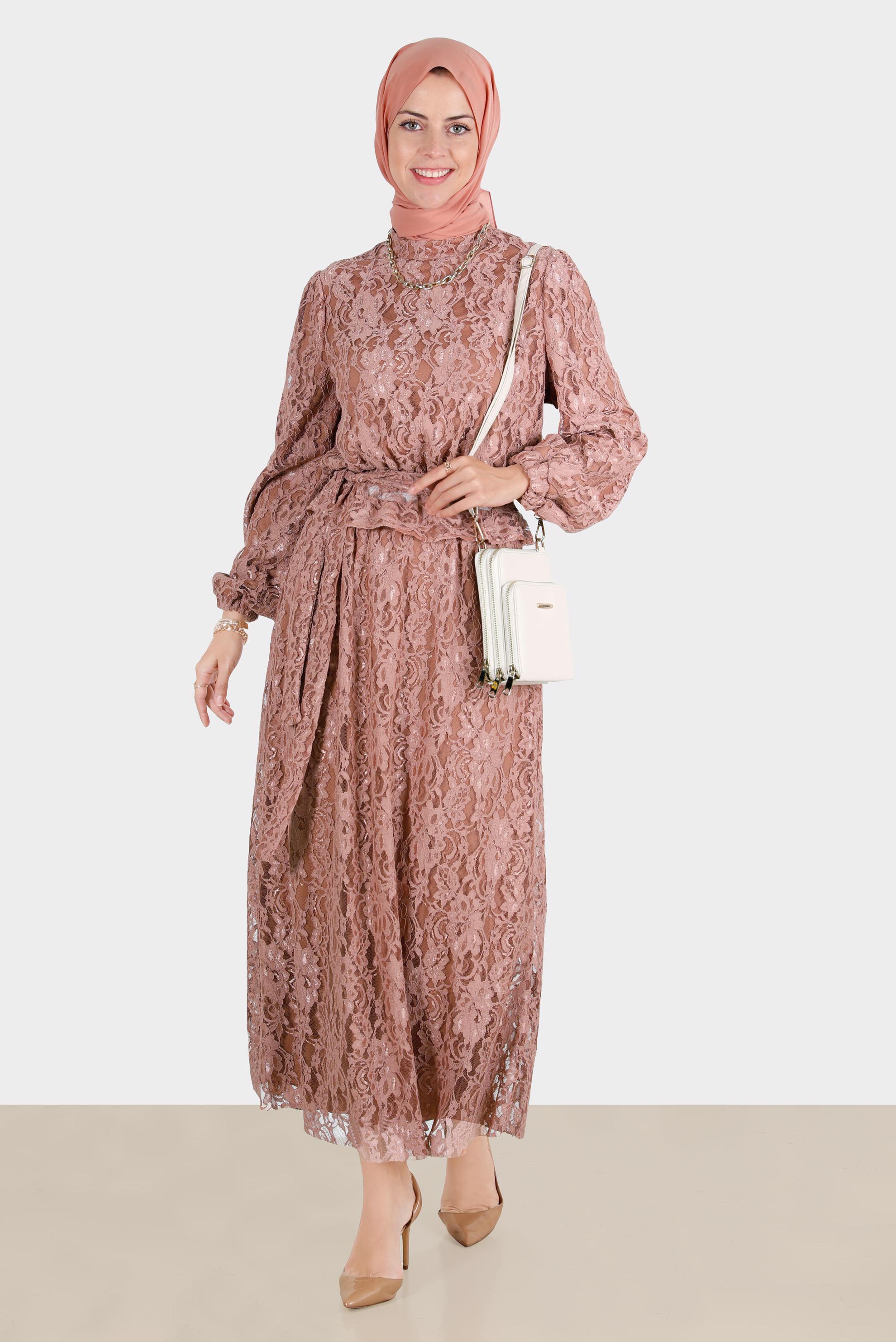 Hijab clothing BROWN BELTED LACED 2-PIECE SKIRTED SUIT 42844 