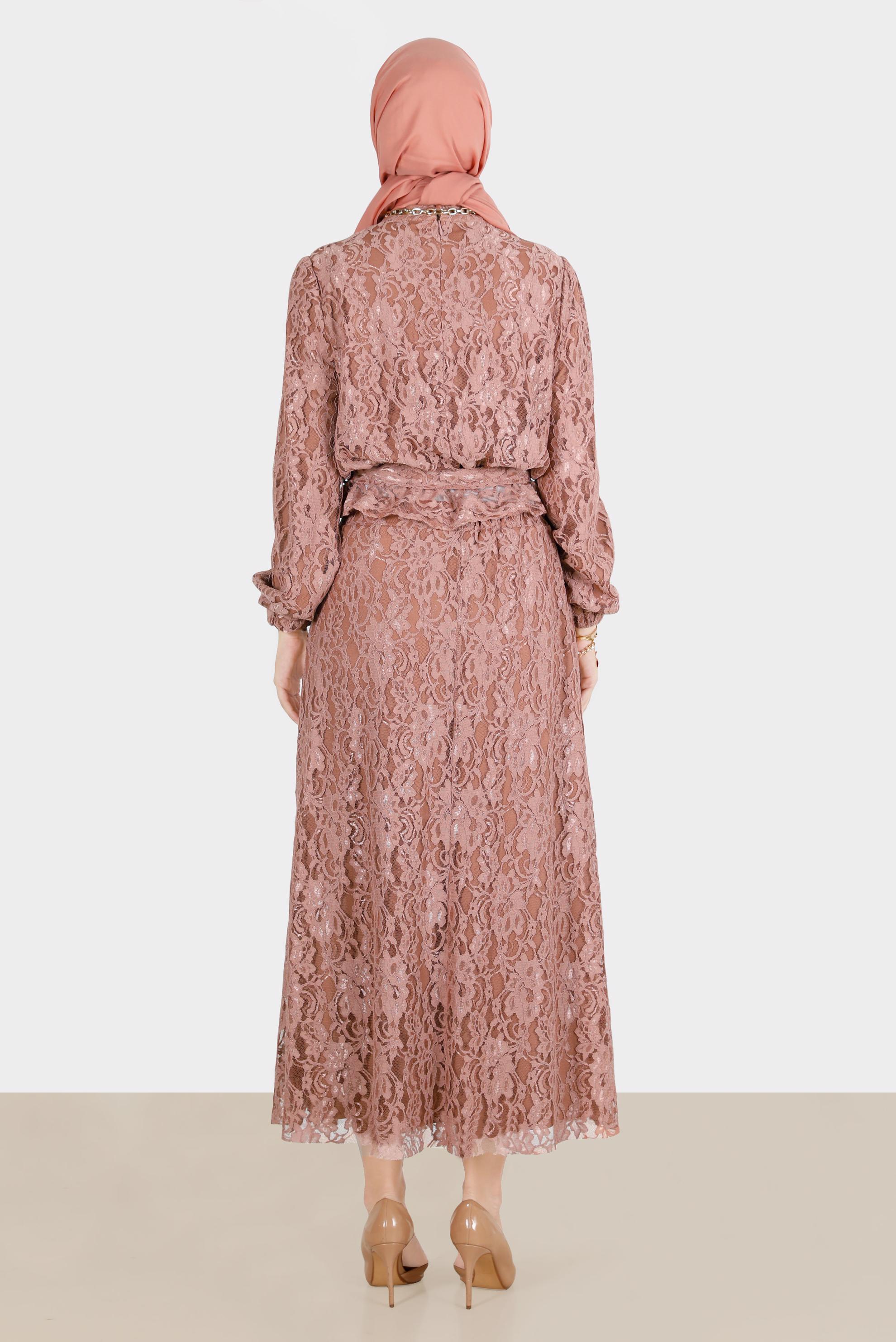 Hijab clothing BROWN BELTED LACED 2-PIECE SKIRTED SUIT 42844 