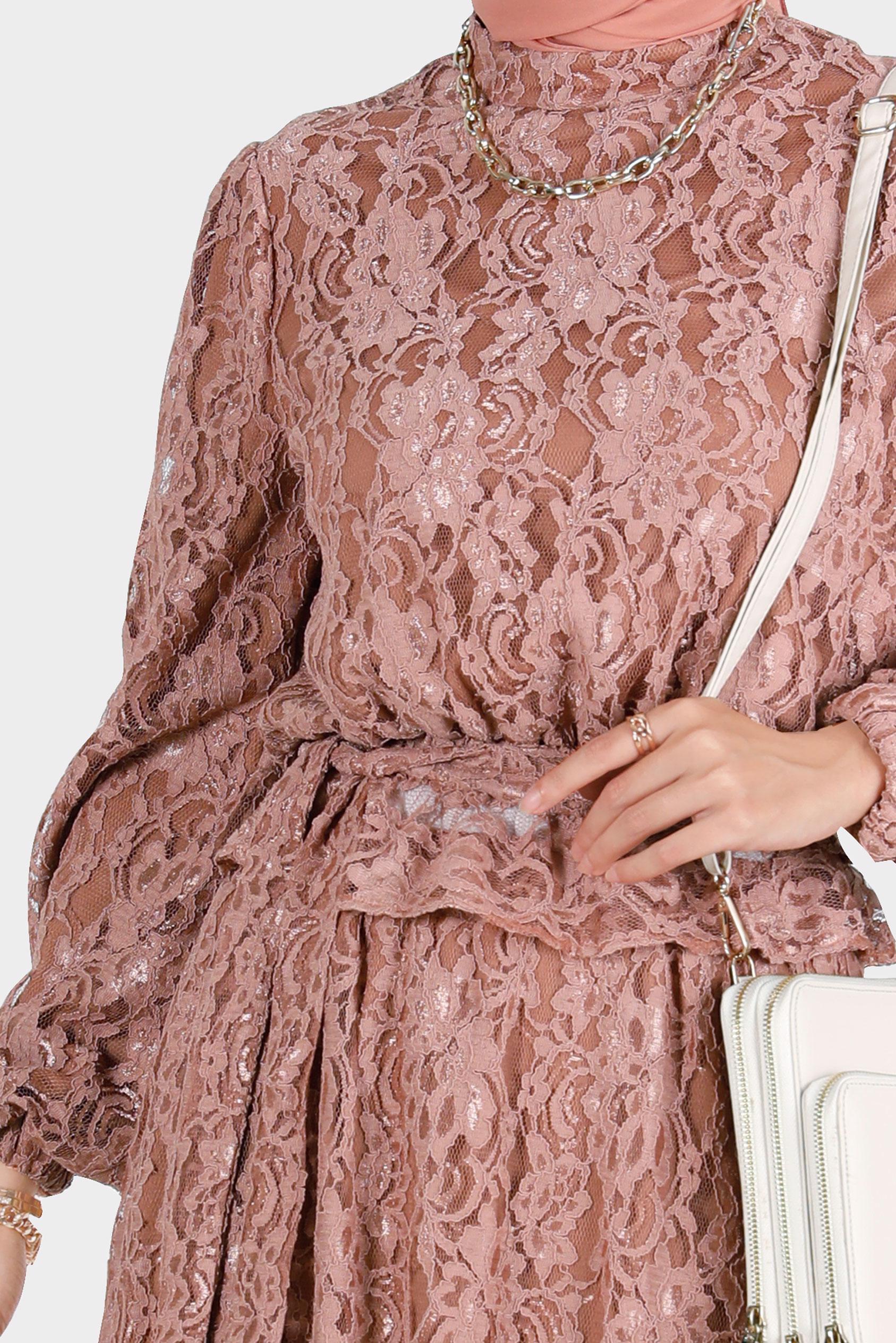 Hijab clothing BROWN BELTED LACED 2-PIECE SKIRTED SUIT 42844 