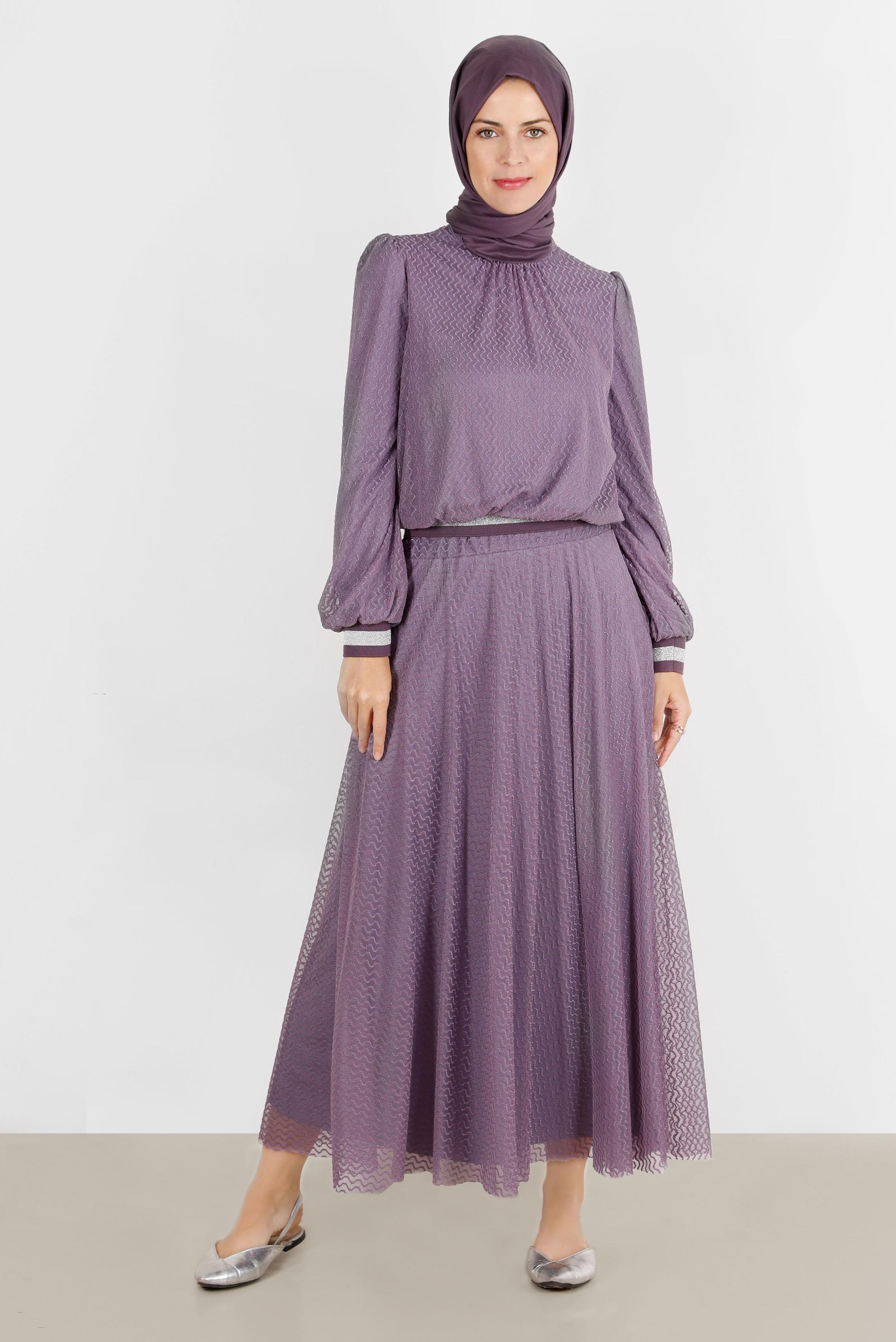 Tesettür giyim MOR SİMLİ TÜLLÜ İKİLİ ETEKLİ TAKIM 42884 