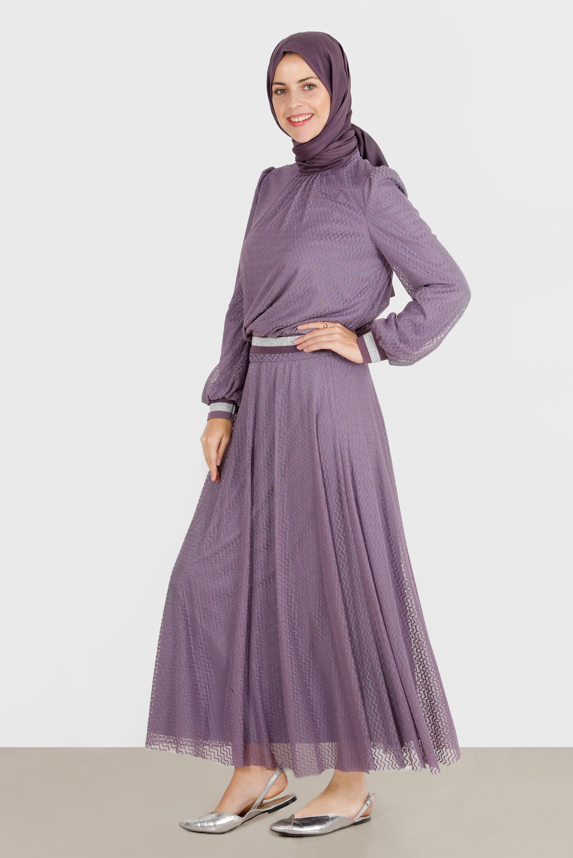 Tesettür giyim MOR SİMLİ TÜLLÜ İKİLİ ETEKLİ TAKIM 42884 