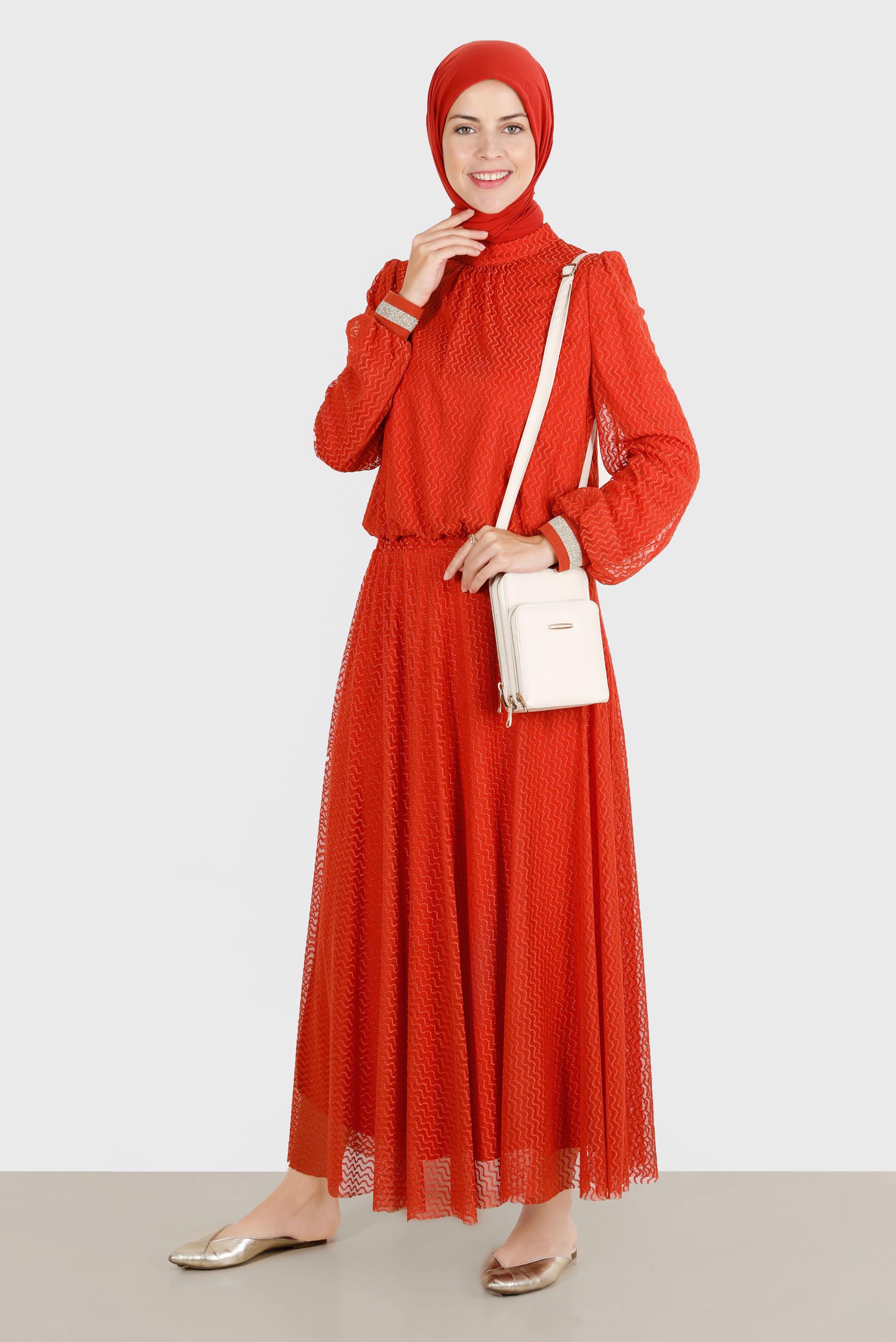 Tesettür giyim TURUNCU SİMLİ TÜLLÜ İKİLİ ETEKLİ TAKIM 42884 