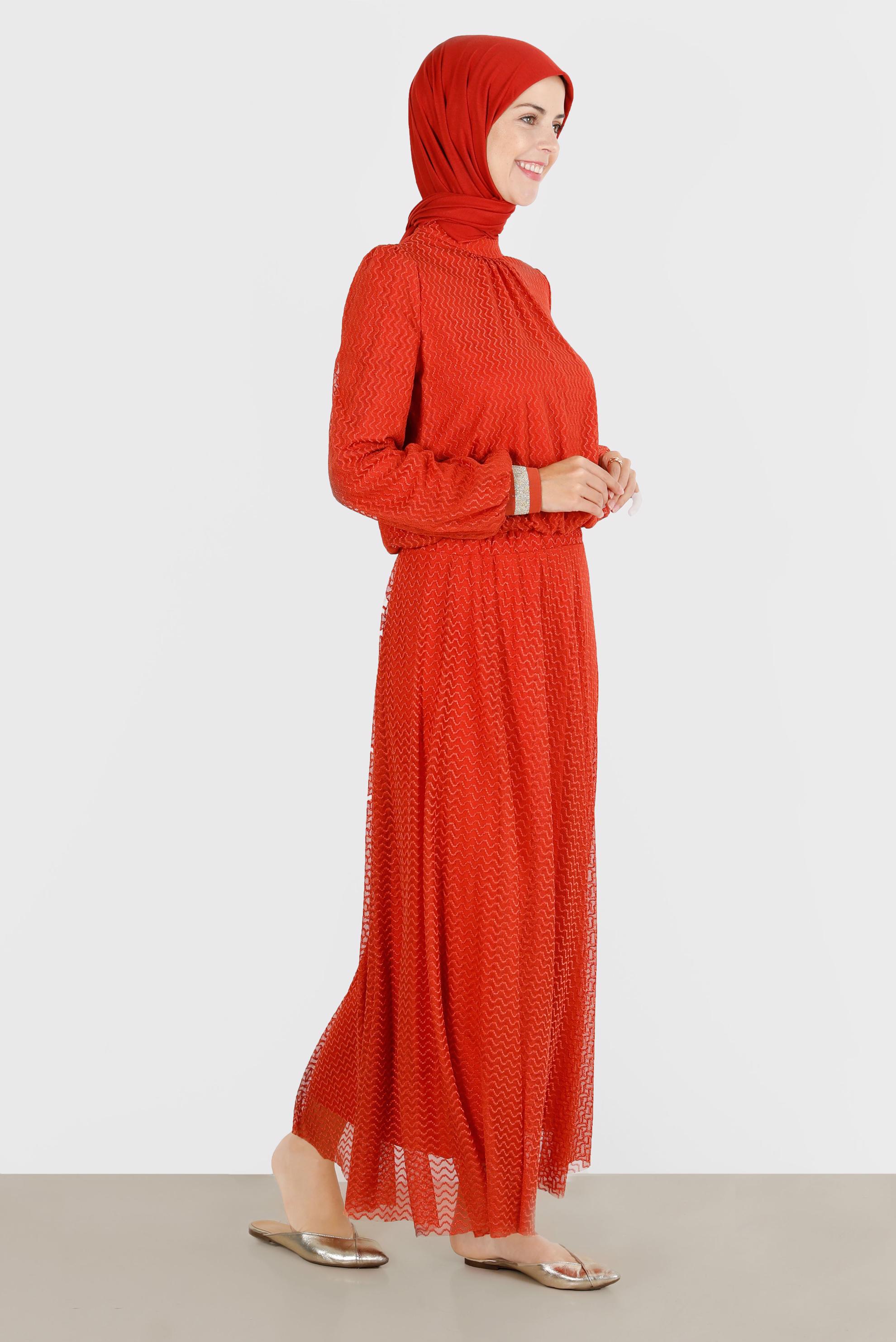 Tesettür giyim TURUNCU SİMLİ TÜLLÜ İKİLİ ETEKLİ TAKIM 42884 