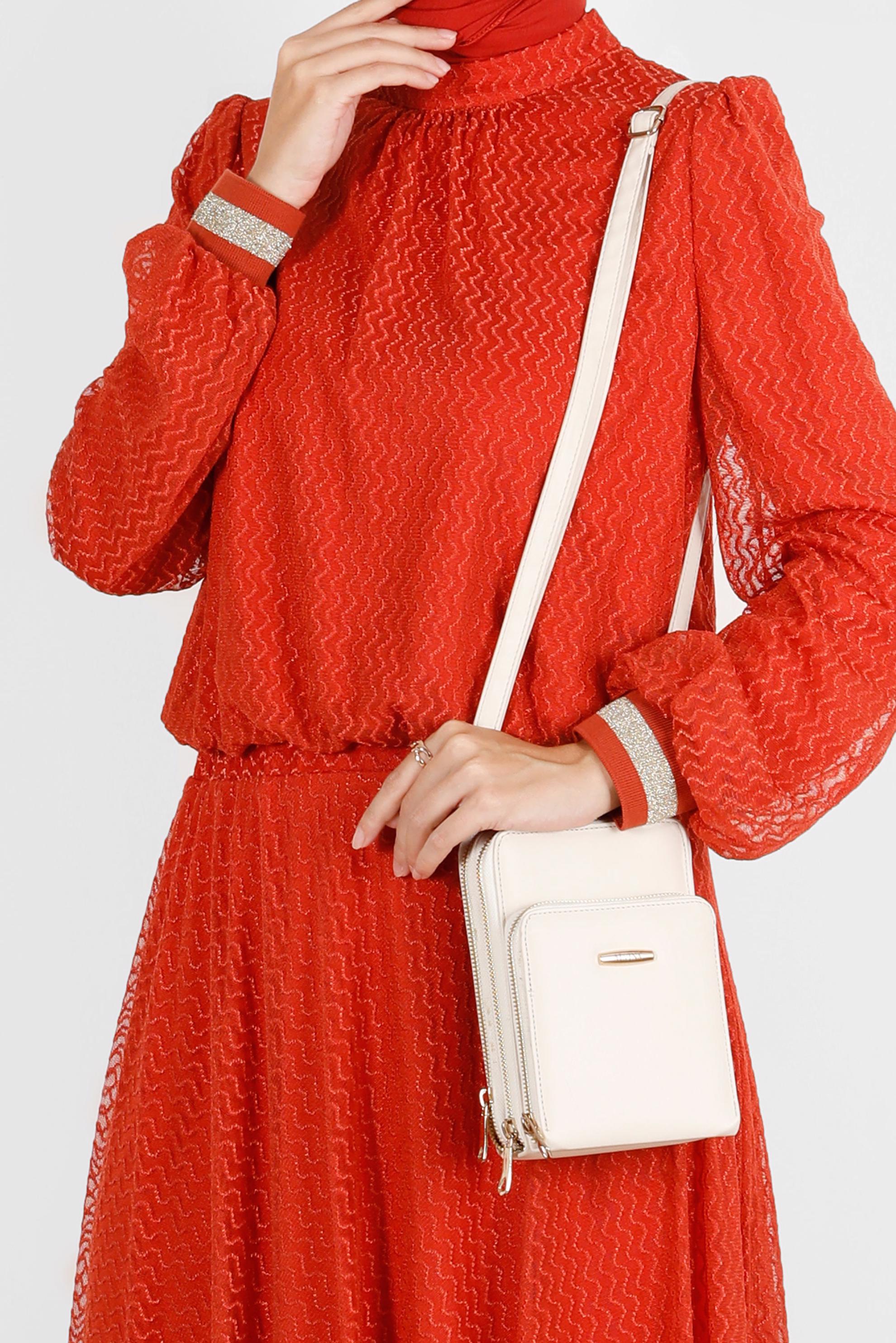 Tesettür giyim TURUNCU SİMLİ TÜLLÜ İKİLİ ETEKLİ TAKIM 42884 