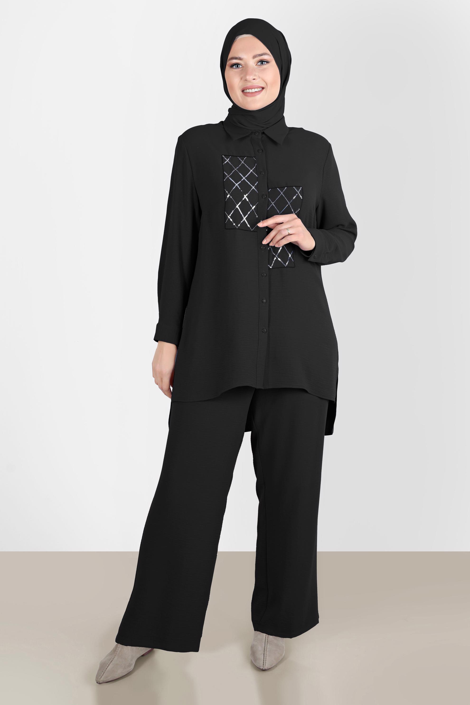 Hijab clothing BLACK SEQUIN DETAIL BUTTONED 2-PIECE PANTS SUIT 20221 