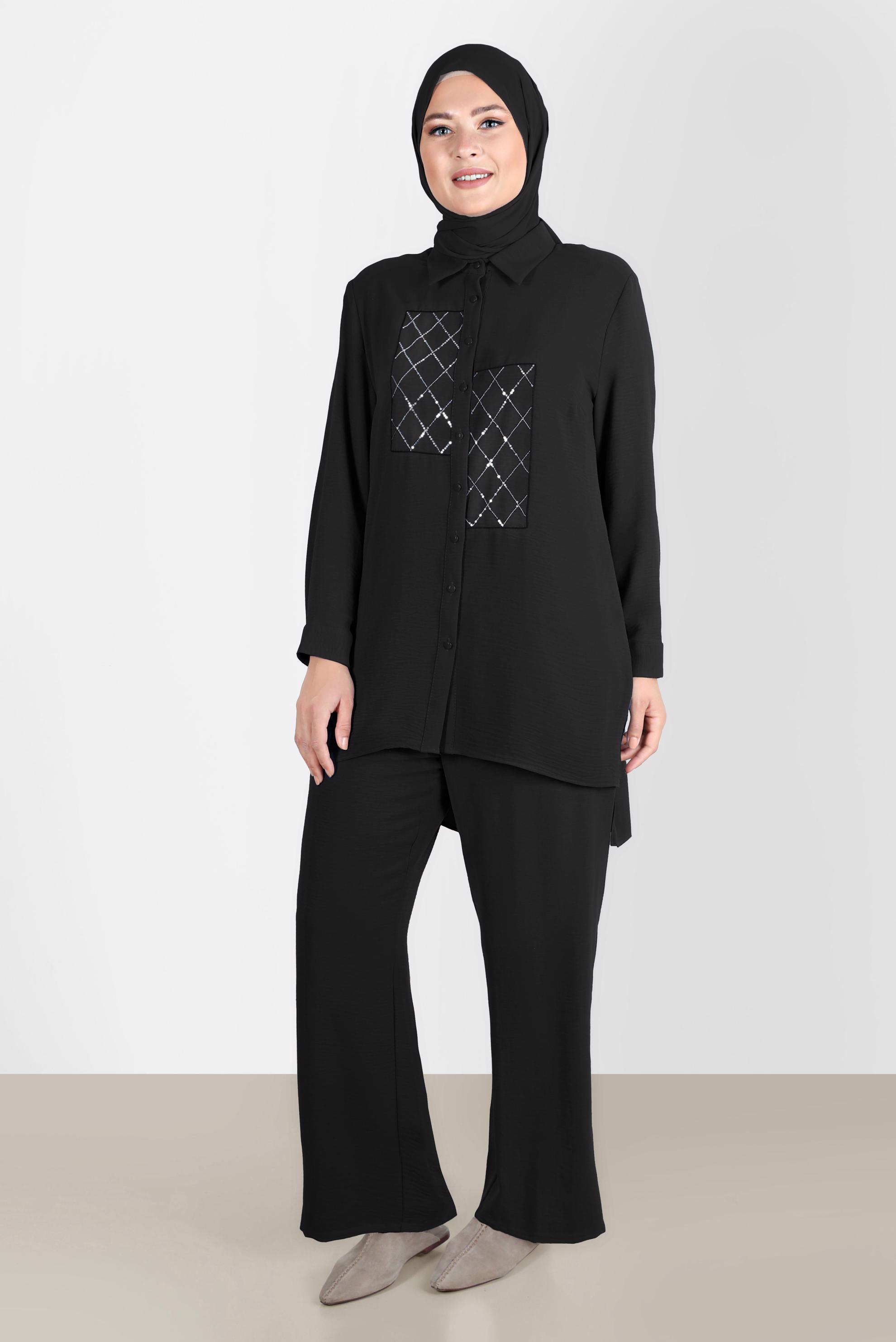Hijab clothing BLACK SEQUIN DETAIL BUTTONED 2-PIECE PANTS SUIT 20221 