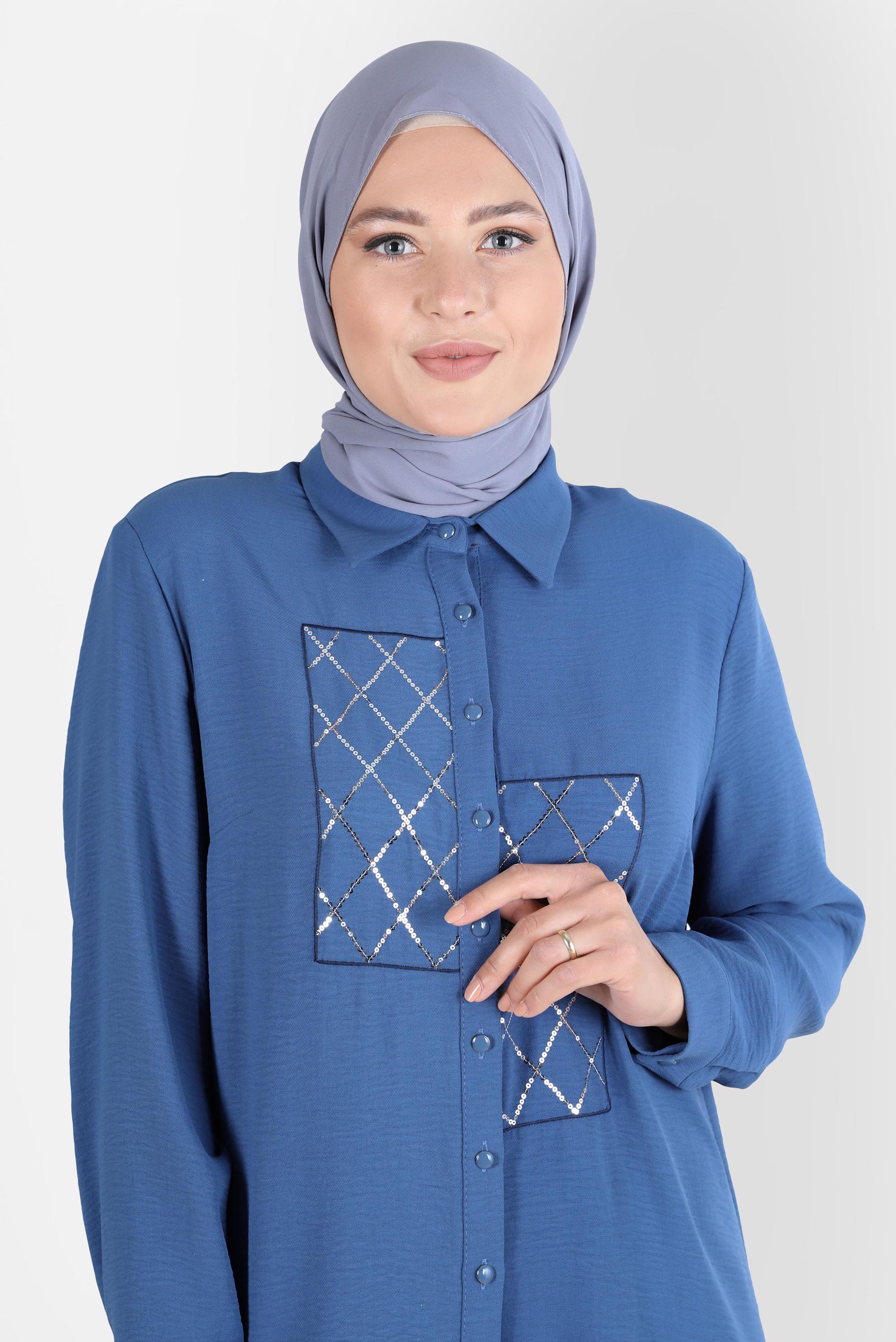 Tesettür giyim LACİVERT PUL DETAYLI DÜĞMELİ İKİLİ PANT. TAKIM 20221 