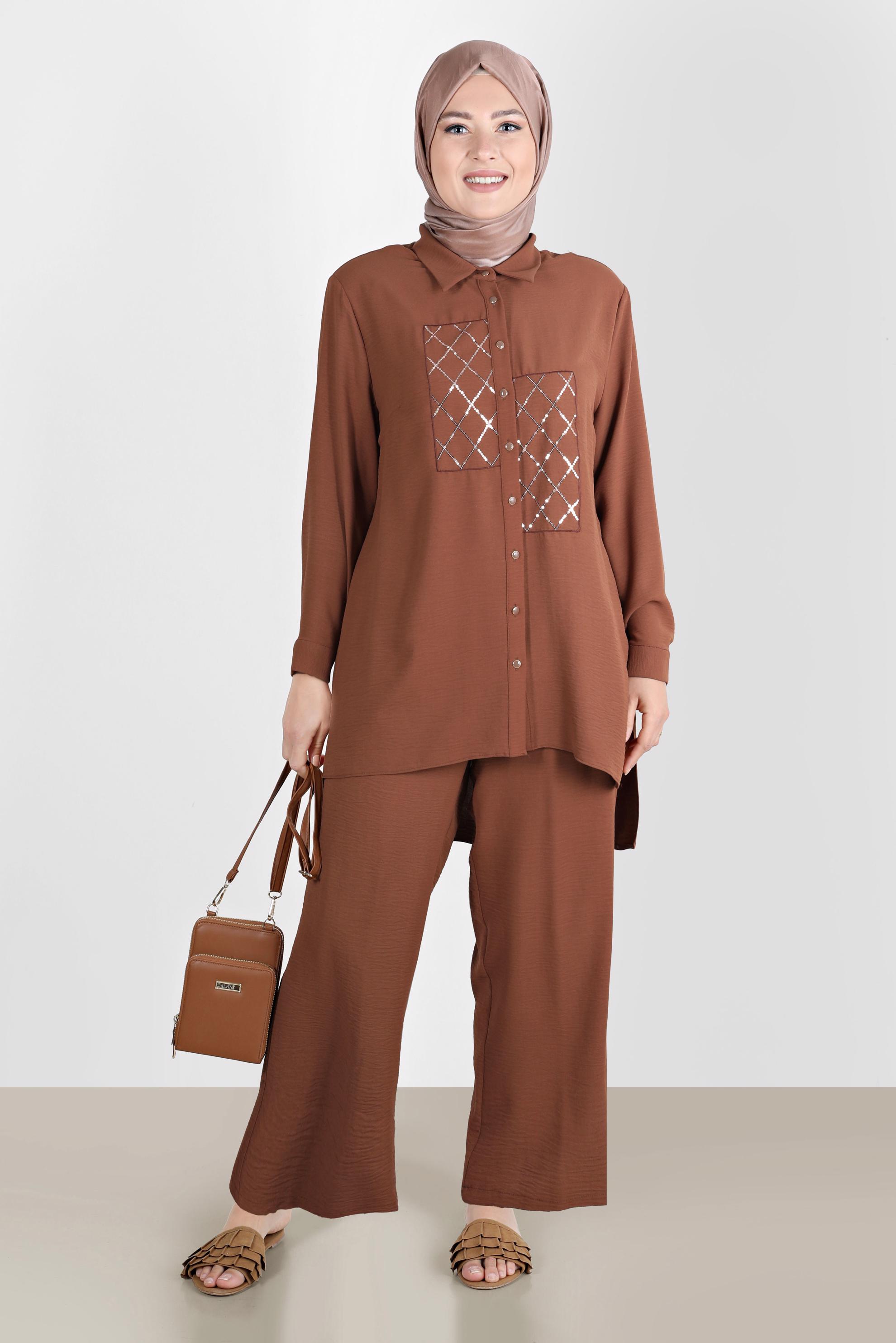 Tesettür giyim TABA PUL DETAYLI DÜĞMELİ İKİLİ PANT. TAKIM 20221 