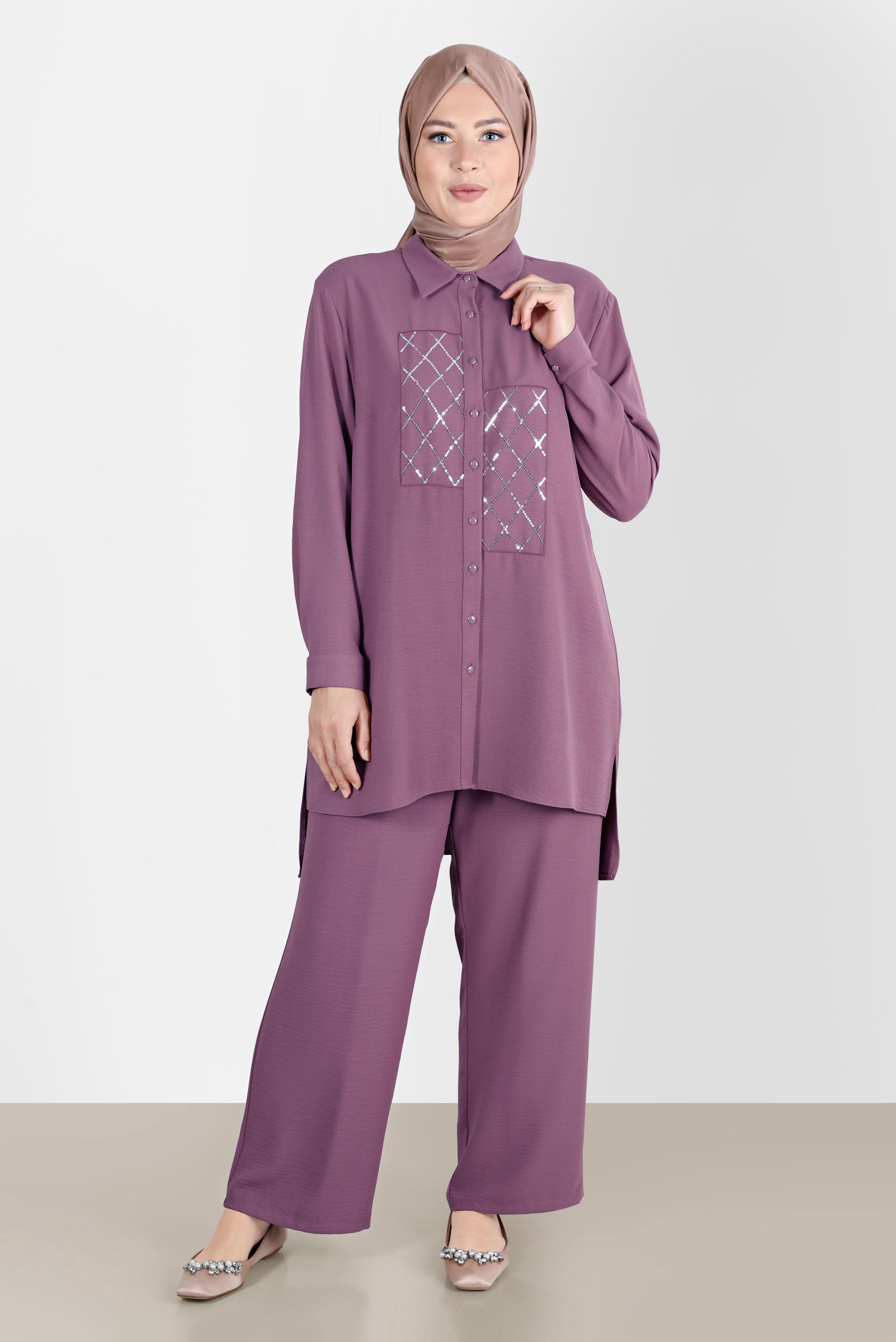 Hijab clothing PINK SEQUIN DETAIL BUTTONED 2-PIECE PANTS SUIT 20221 
