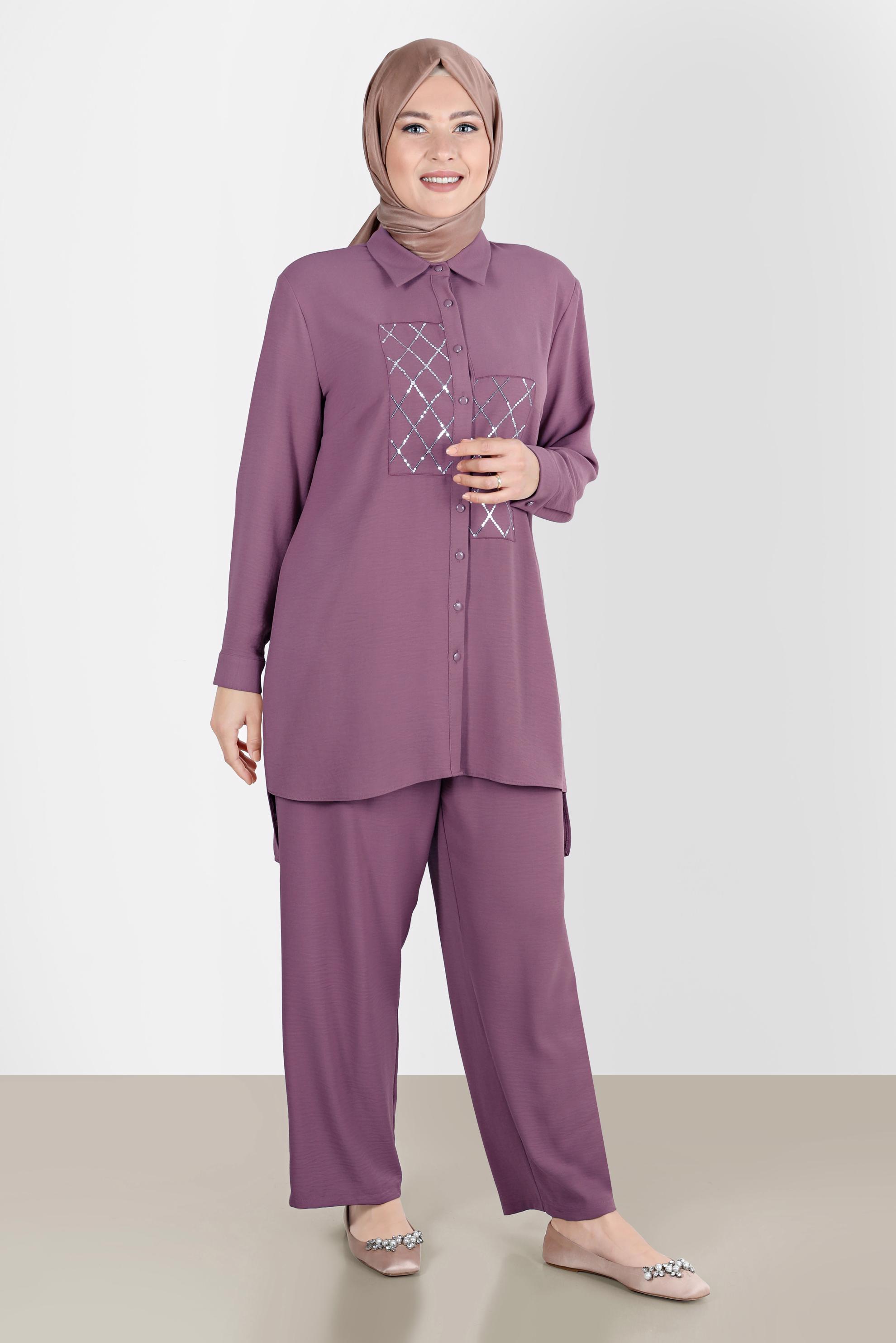 Hijab clothing PINK SEQUIN DETAIL BUTTONED 2-PIECE PANTS SUIT 20221 