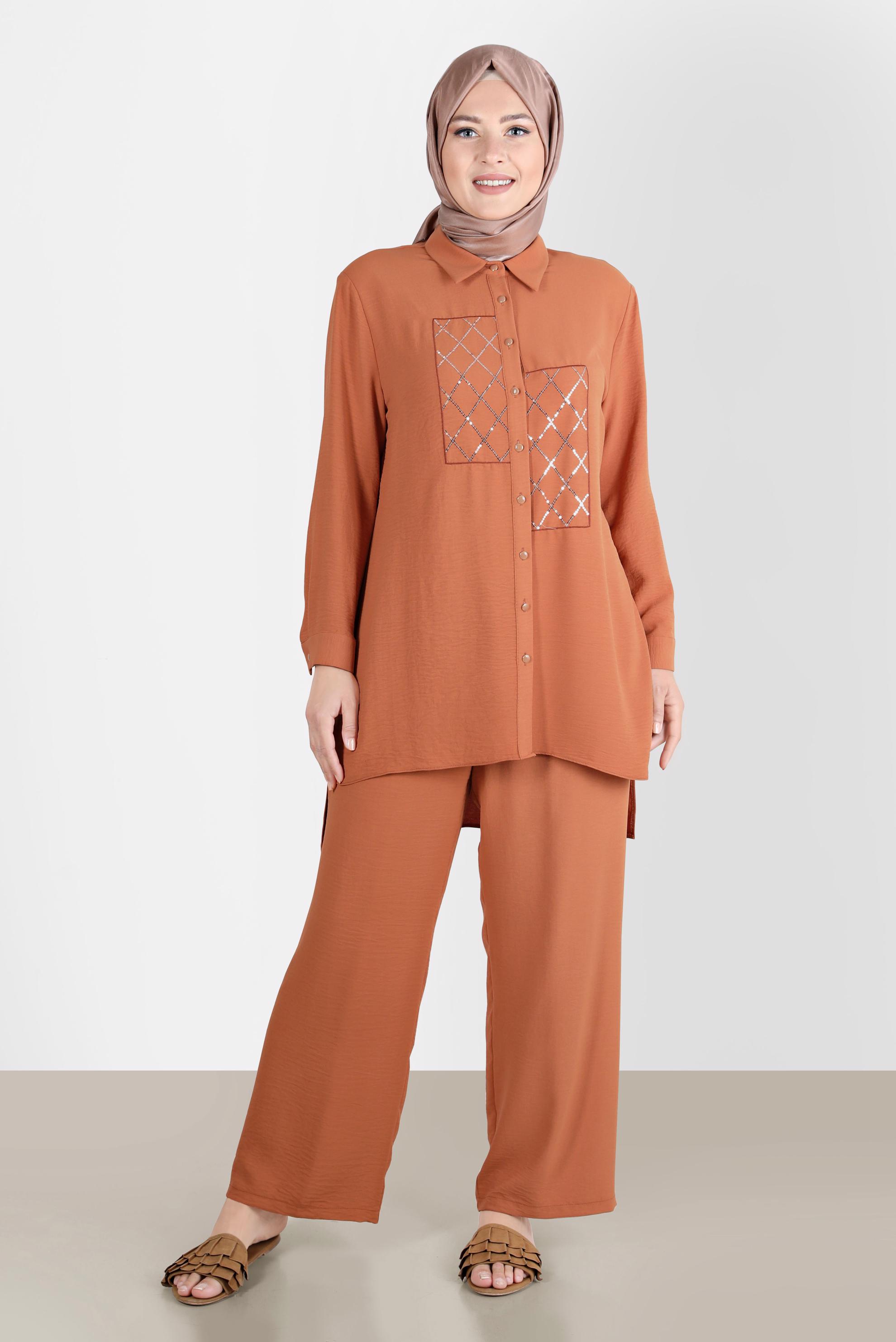 Hijab clothing BROWN SEQUIN DETAIL BUTTONED 2-PIECE PANTS SUIT 20221 