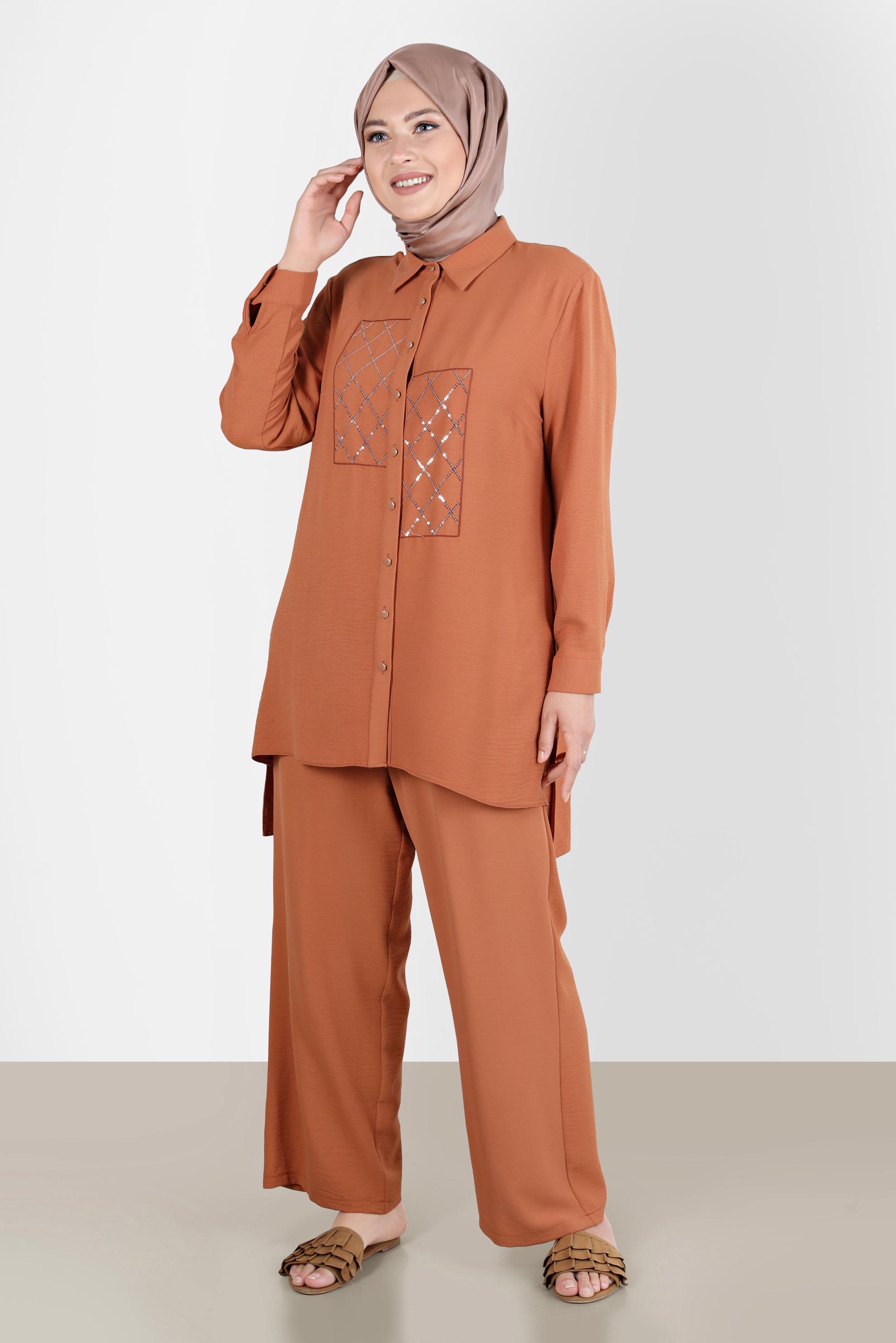 Hijab clothing BROWN SEQUIN DETAIL BUTTONED 2-PIECE PANTS SUIT 20221 