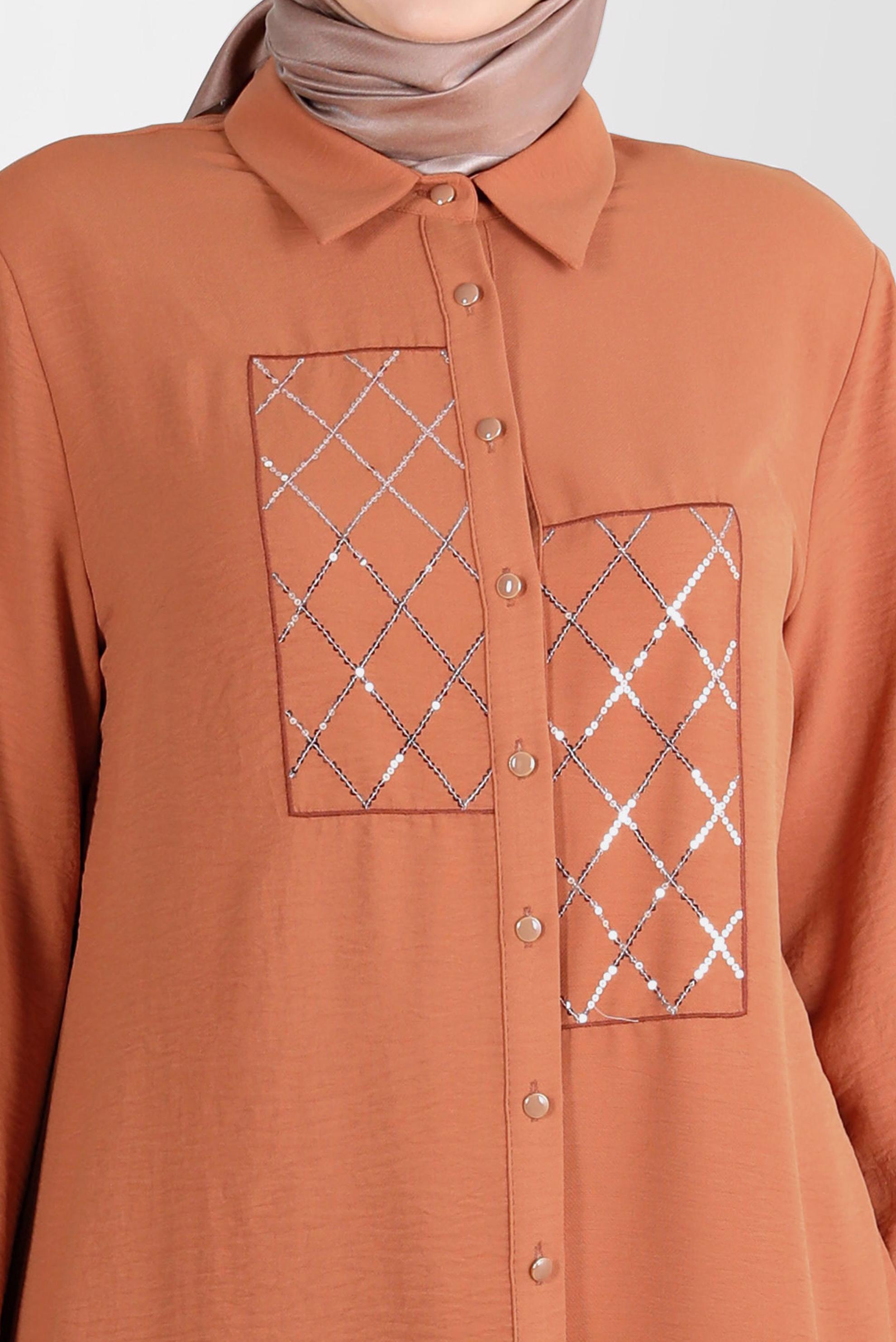 Hijab clothing BROWN SEQUIN DETAIL BUTTONED 2-PIECE PANTS SUIT 20221 