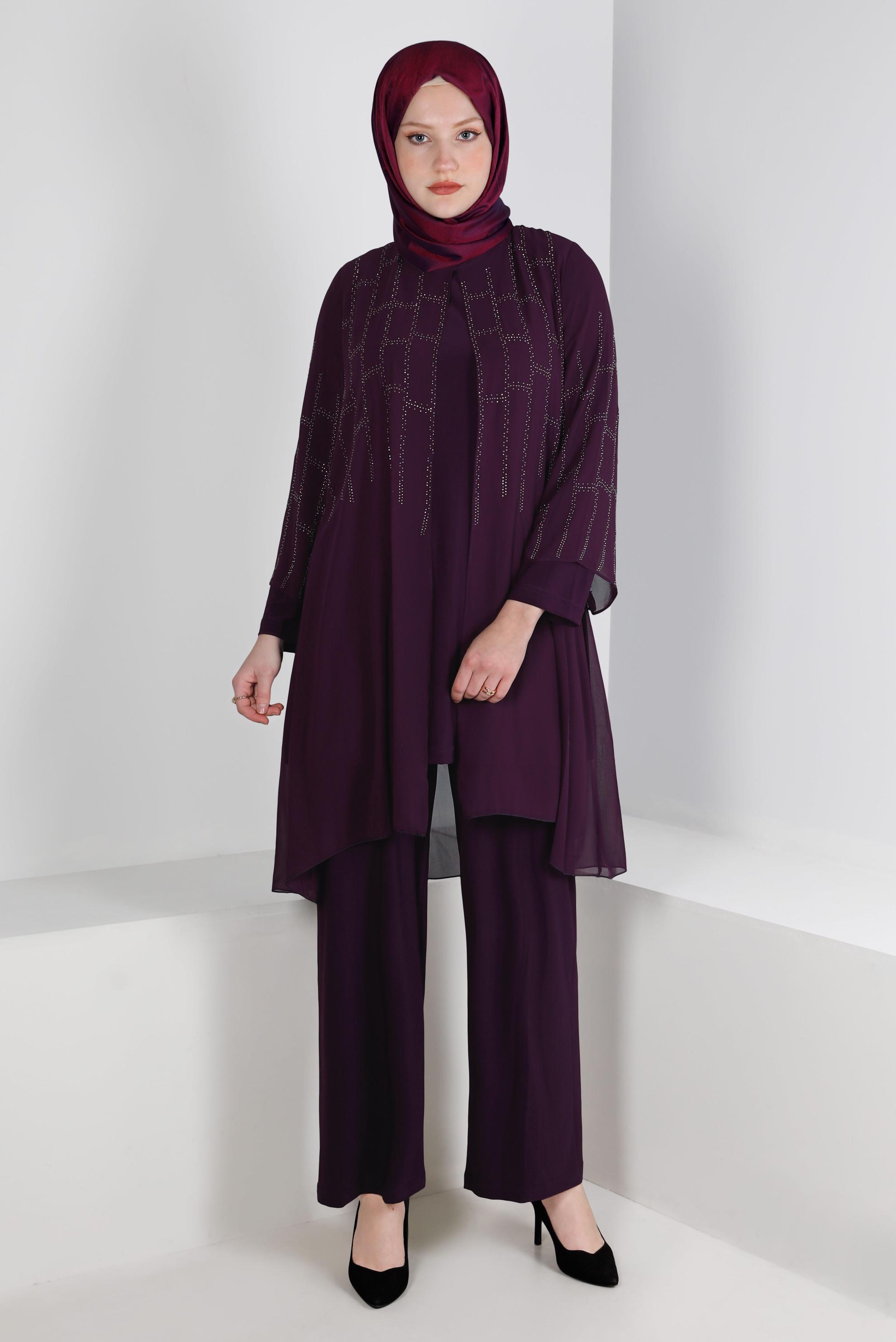 Tesettür giyim MÜRDÜM TAŞ İŞLEMELİ İKİLİ ŞİFON PANTOLONLU TAKIM 20232