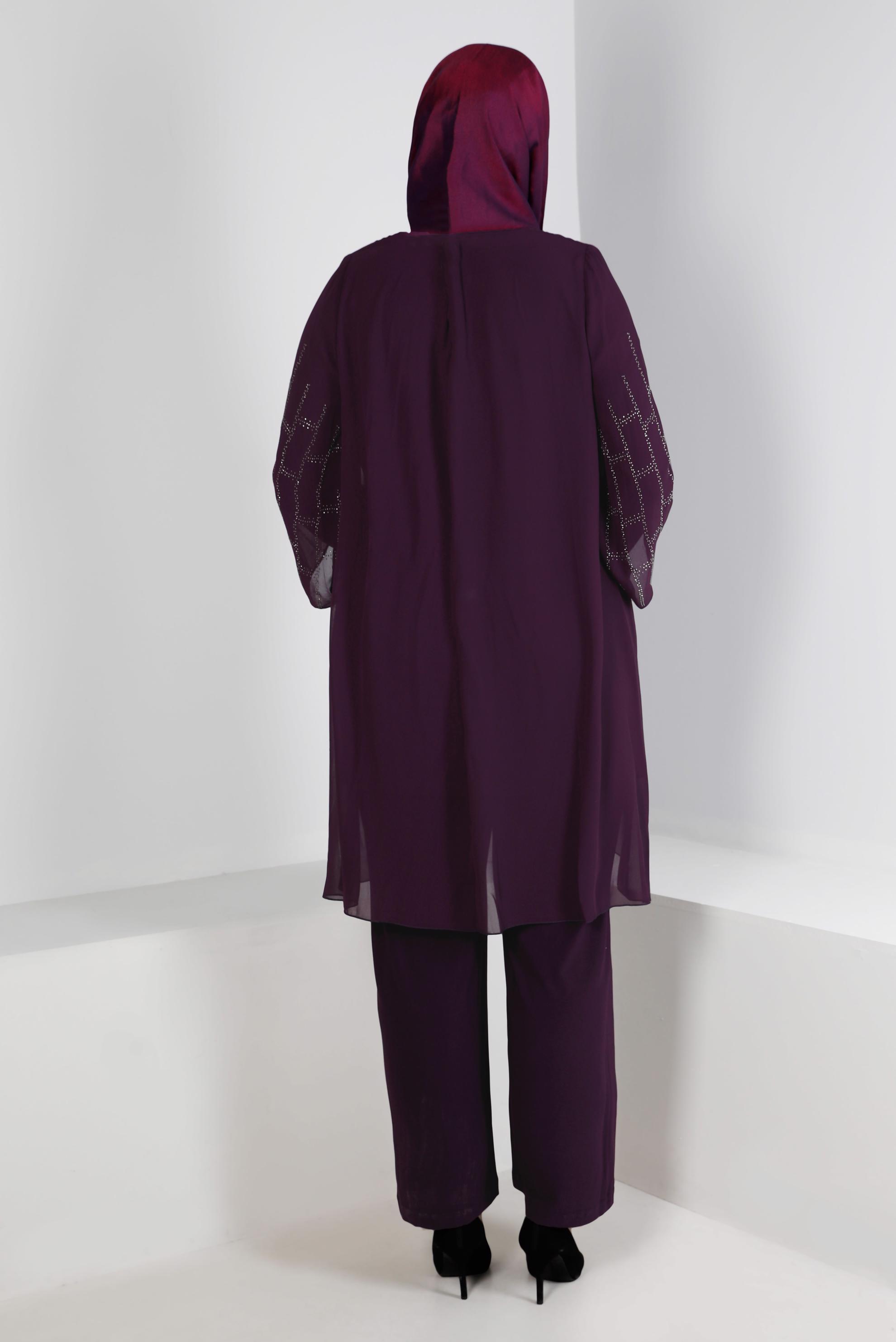 Tesettür giyim MÜRDÜM TAŞ İŞLEMELİ İKİLİ ŞİFON PANTOLONLU TAKIM 20232