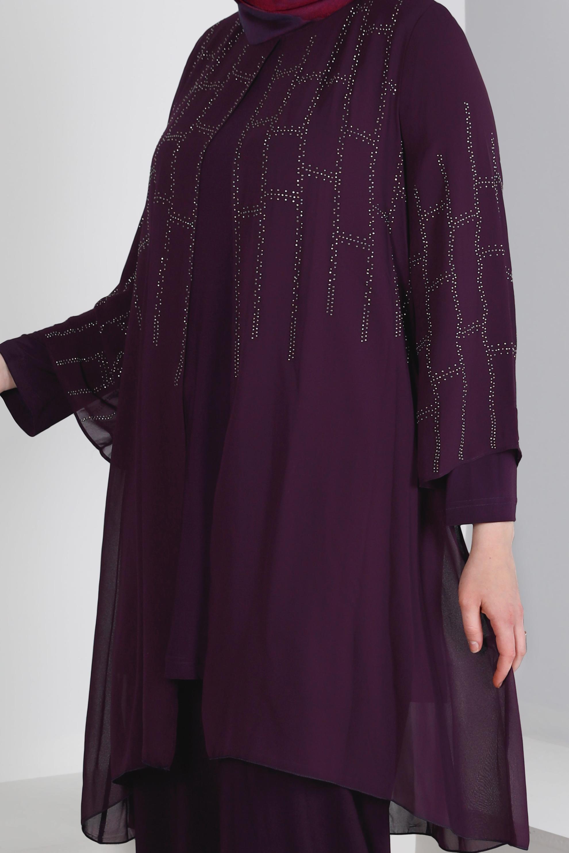 Tesettür giyim MÜRDÜM TAŞ İŞLEMELİ İKİLİ ŞİFON PANTOLONLU TAKIM 20232