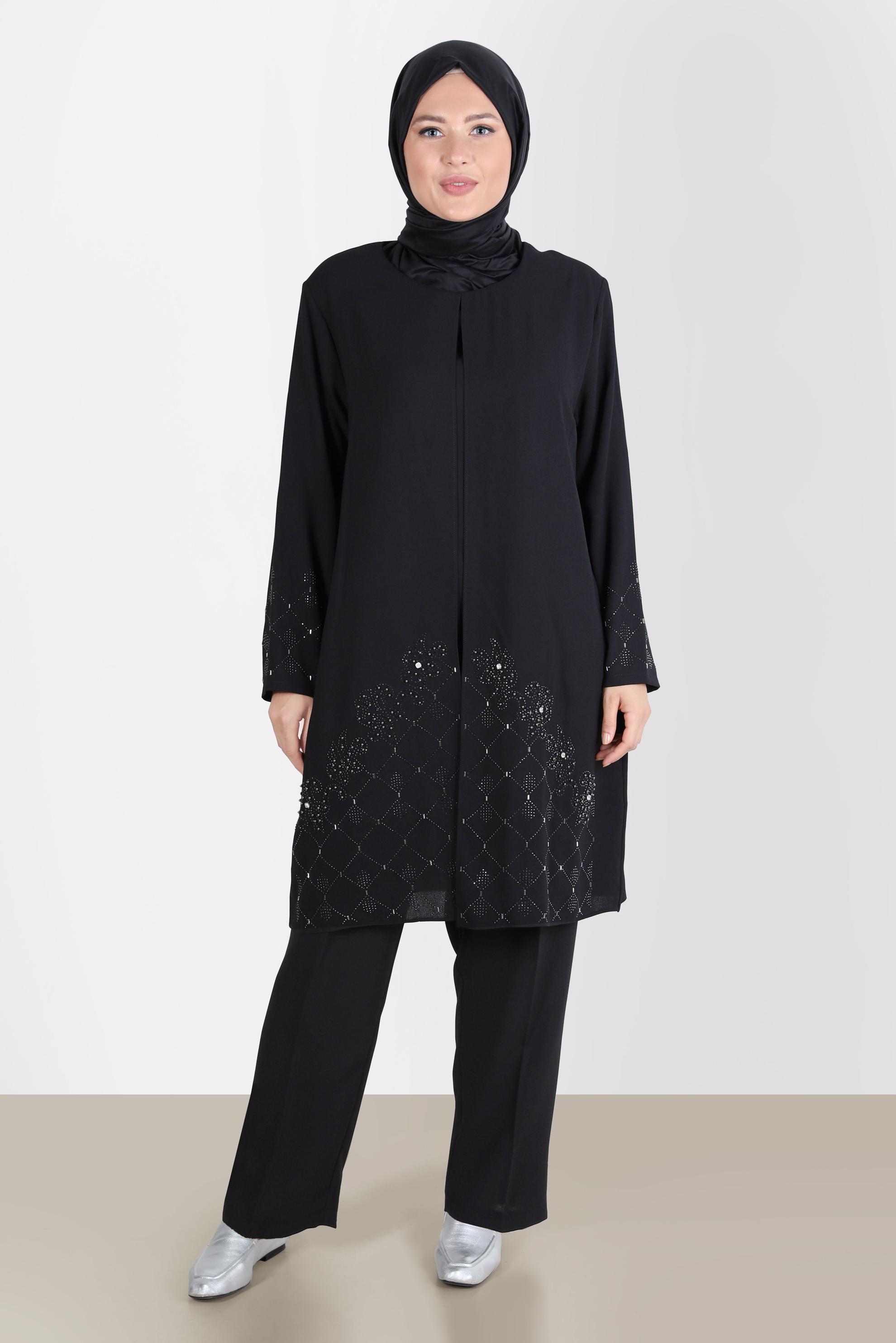 Tesettür giyim SİYAH TAŞ DETAYLI PANTOLONLU TAKIM 20241 