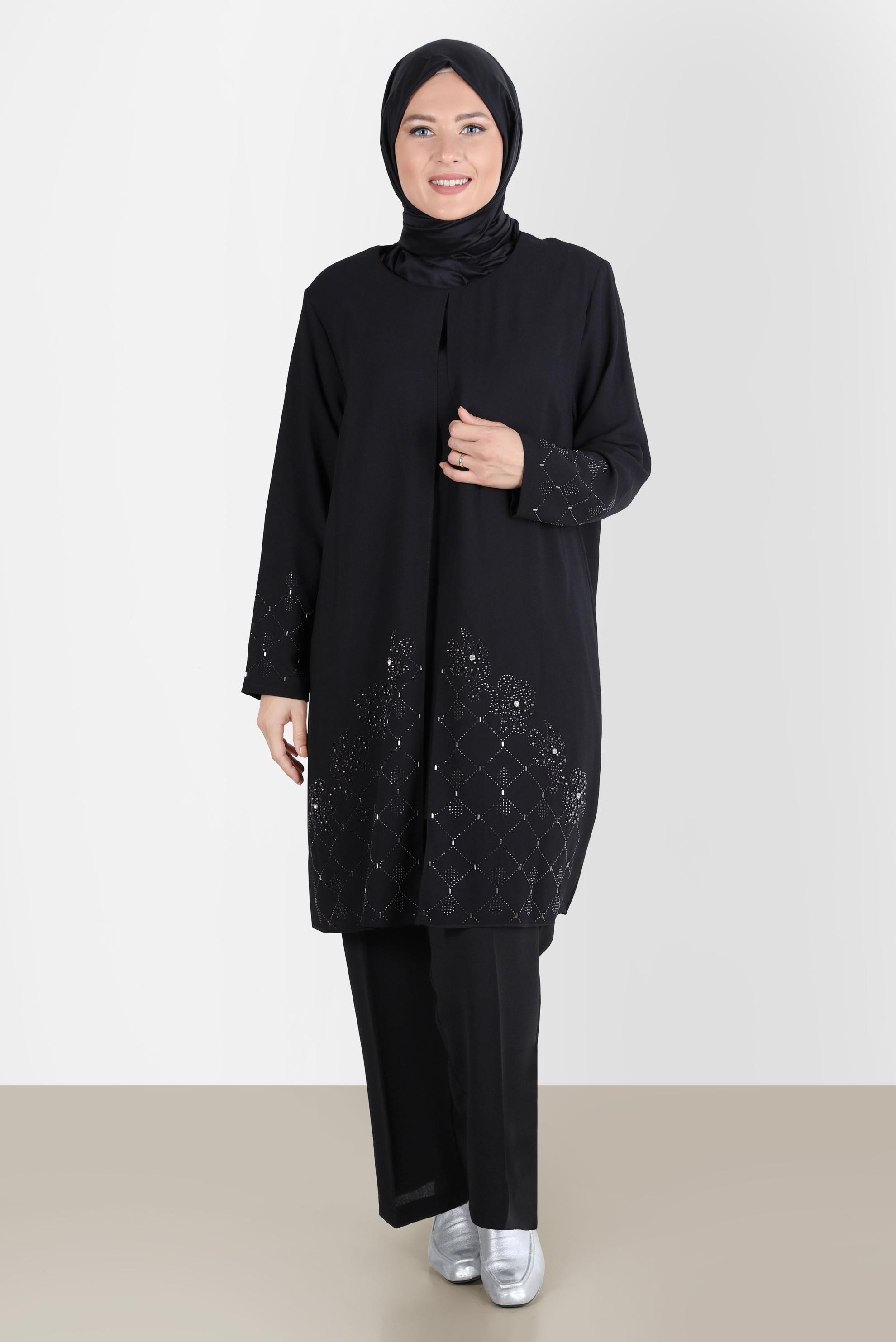 Tesettür giyim SİYAH TAŞ DETAYLI PANTOLONLU TAKIM 20241 