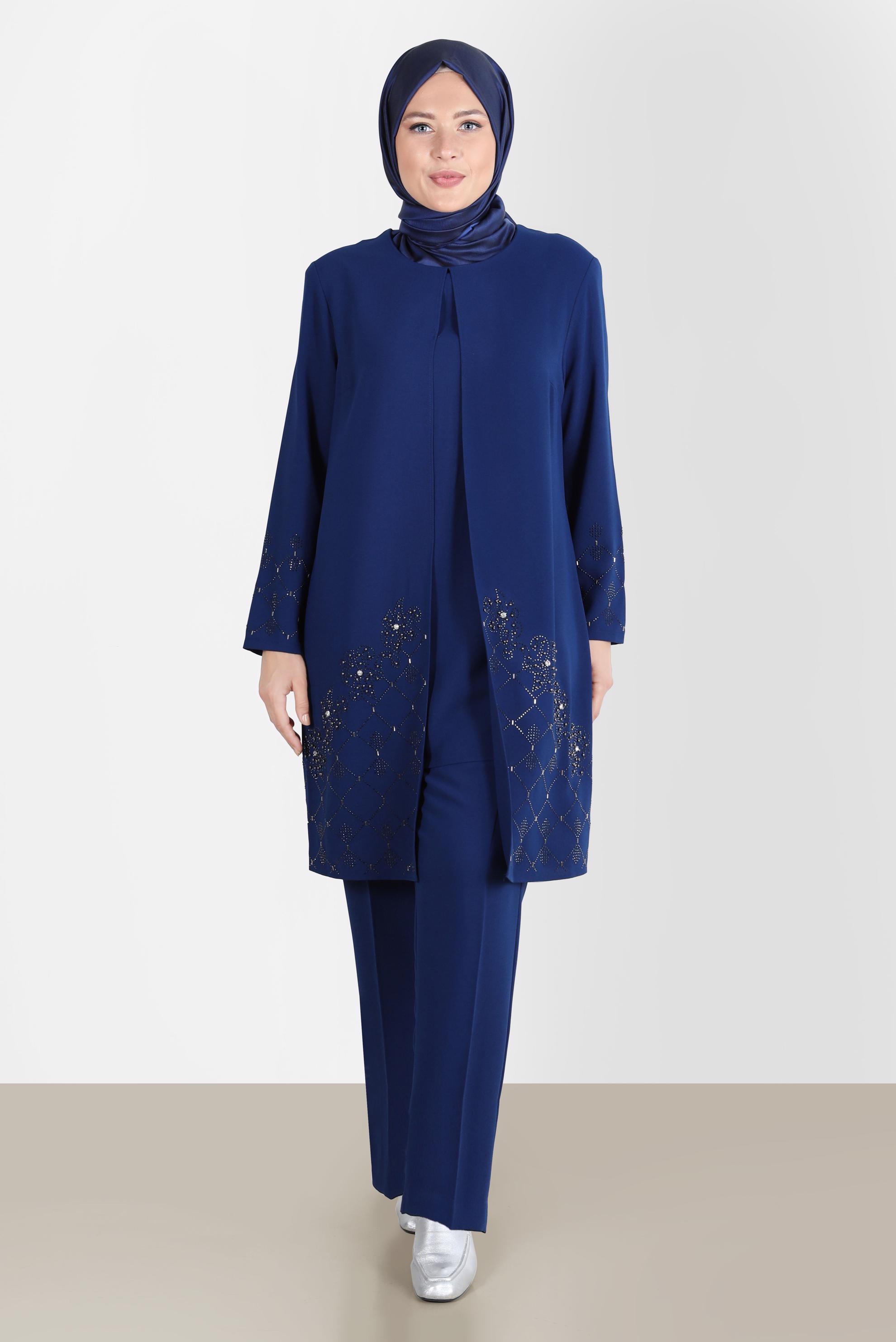 Tesettür giyim LACİVERT TAŞ DETAYLI İKİLİ PANT. TAKIM 20241 