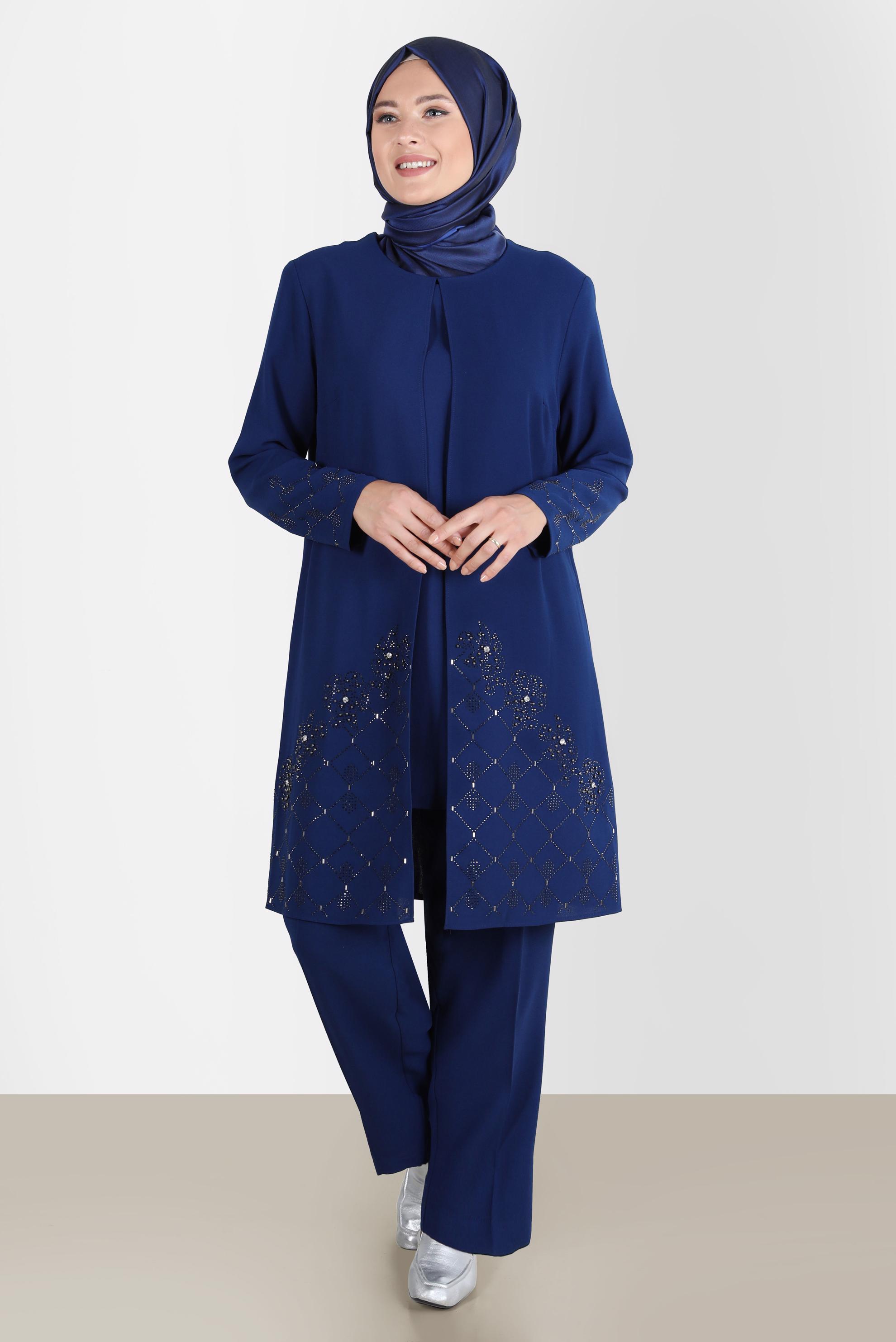 Tesettür giyim LACİVERT TAŞ DETAYLI İKİLİ PANT. TAKIM 20241 