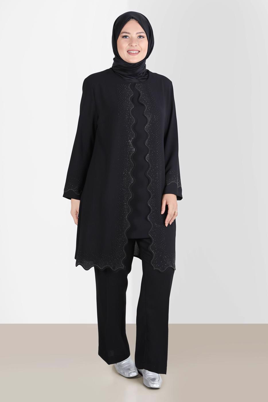 Tesettür giyim SİYAH TAŞ DETAYLI KREP İKİLİ PANT. TAKIM 20242 