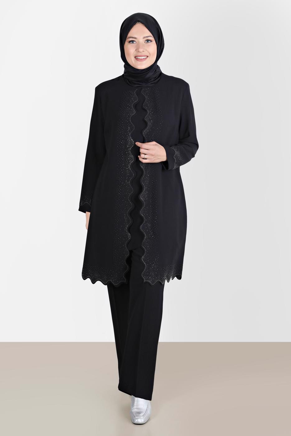 Tesettür giyim SİYAH TAŞ DETAYLI KREP İKİLİ PANT. TAKIM 20242 