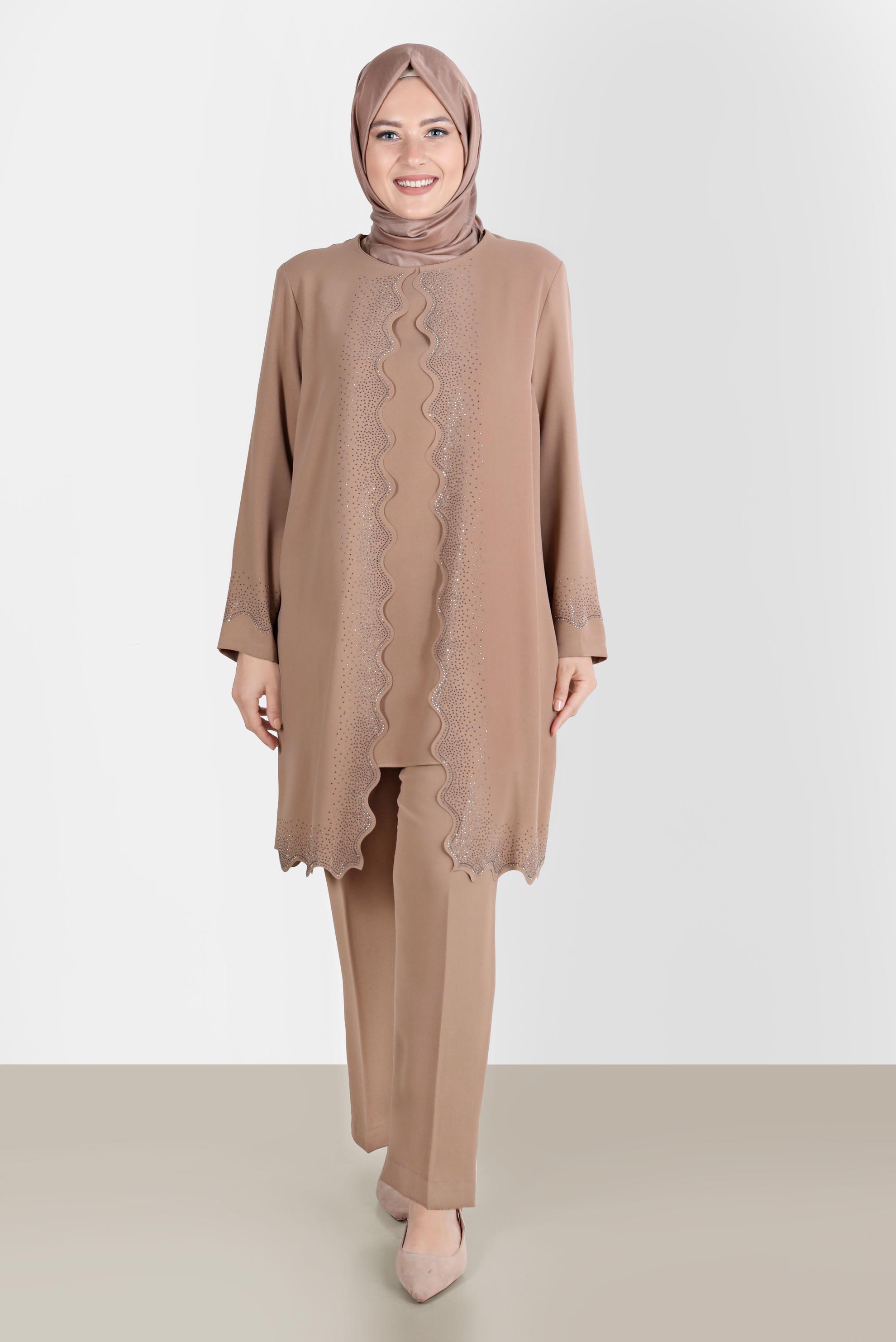 Tesettür giyim KAHVE TAŞ DETAYLI KREP İKİLİ PANT. TAKIM 20242 