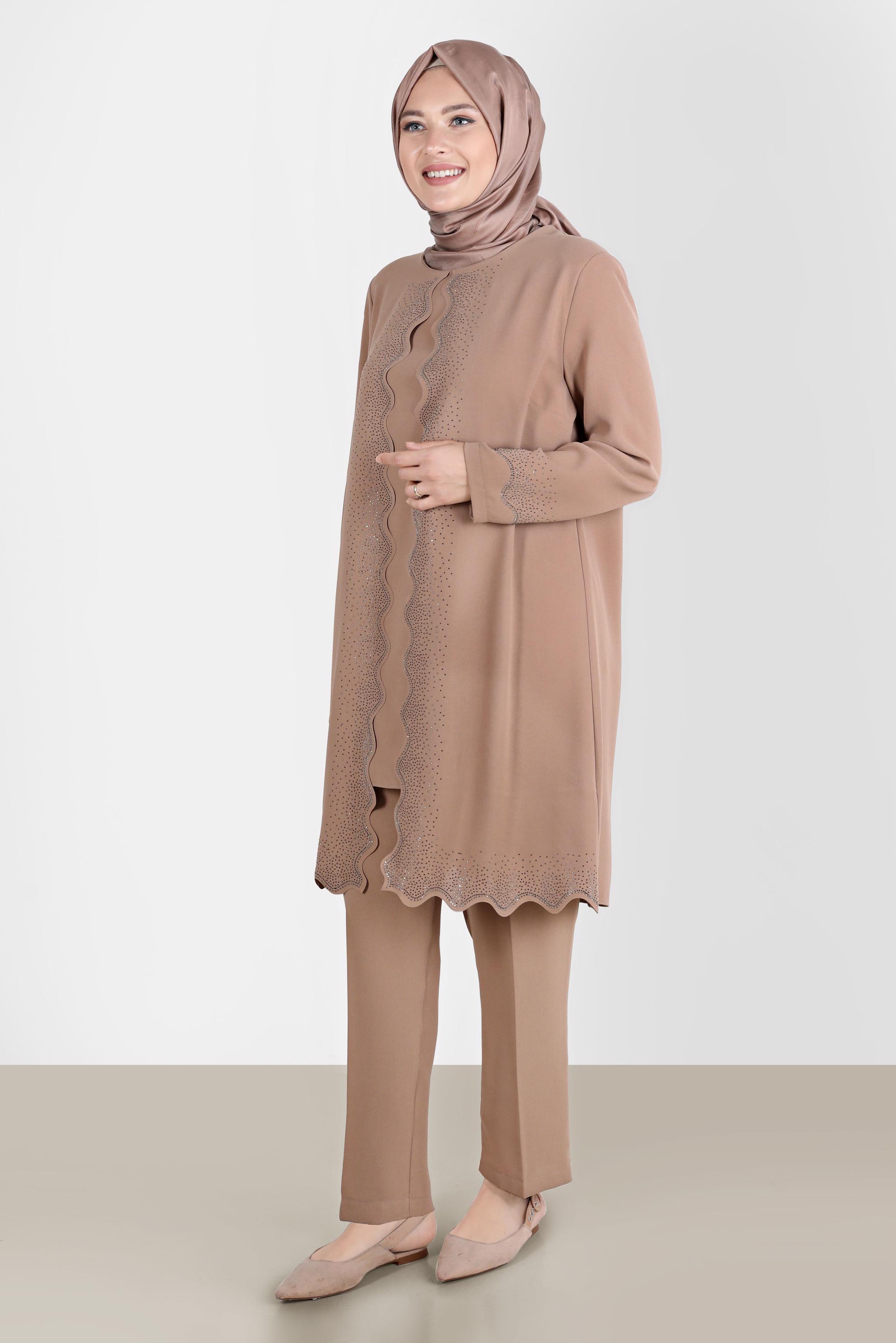 Tesettür giyim KAHVE TAŞ DETAYLI KREP İKİLİ PANT. TAKIM 20242 