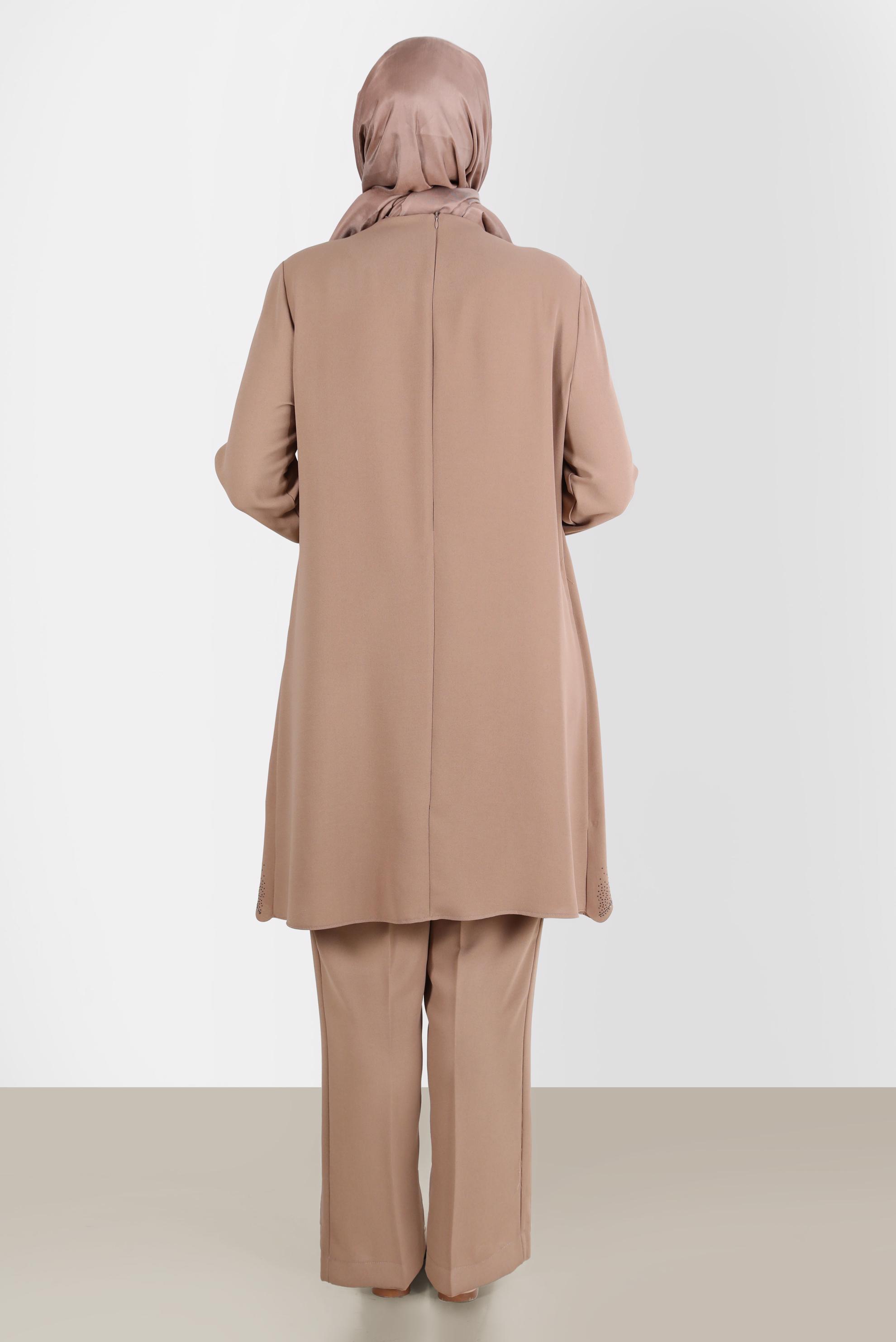 Tesettür giyim KAHVE TAŞ DETAYLI KREP İKİLİ PANT. TAKIM 20242 