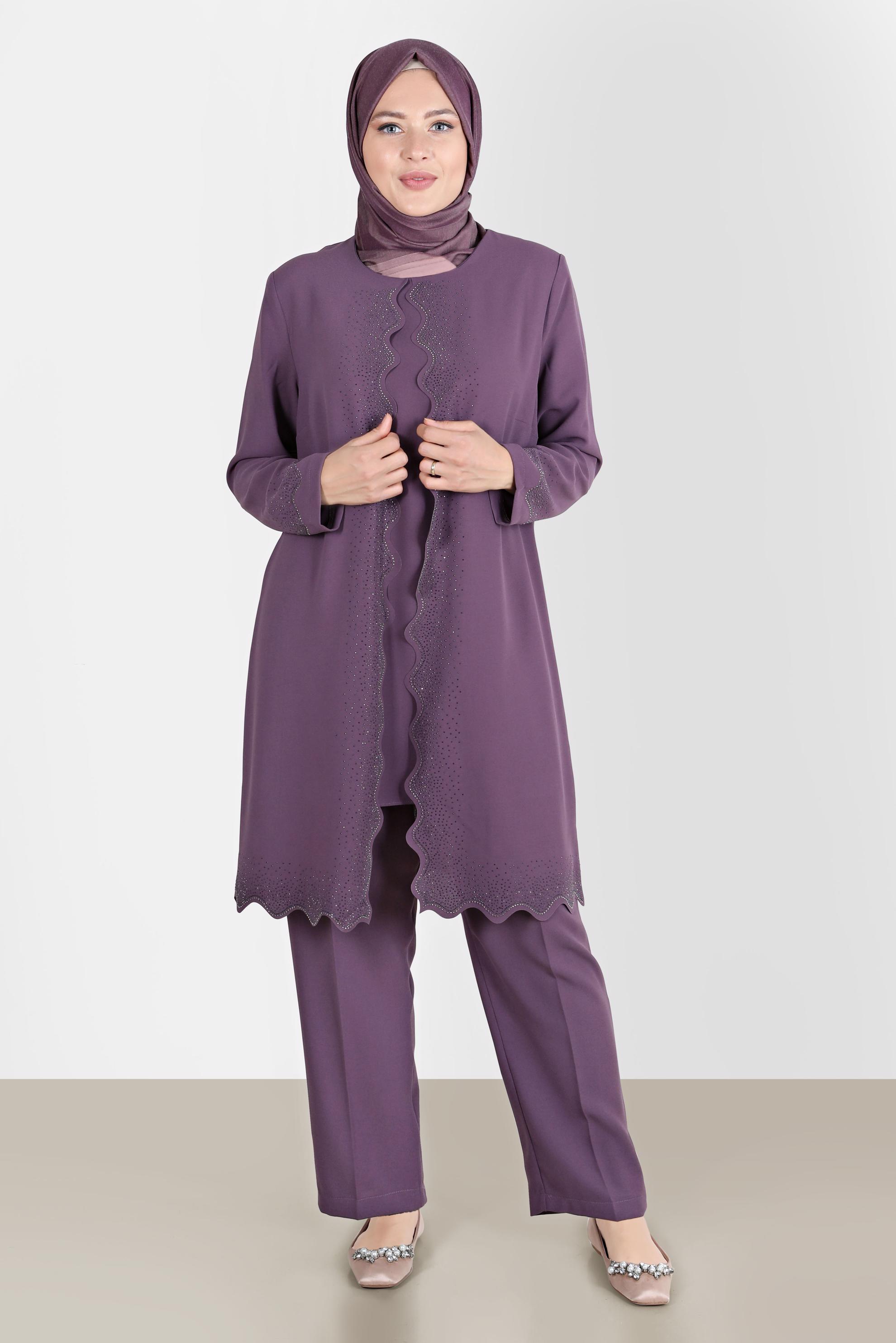 Tesettür giyim PEMBE TAŞ DETAYLI KREP İKİLİ PANT. TAKIM 20242 