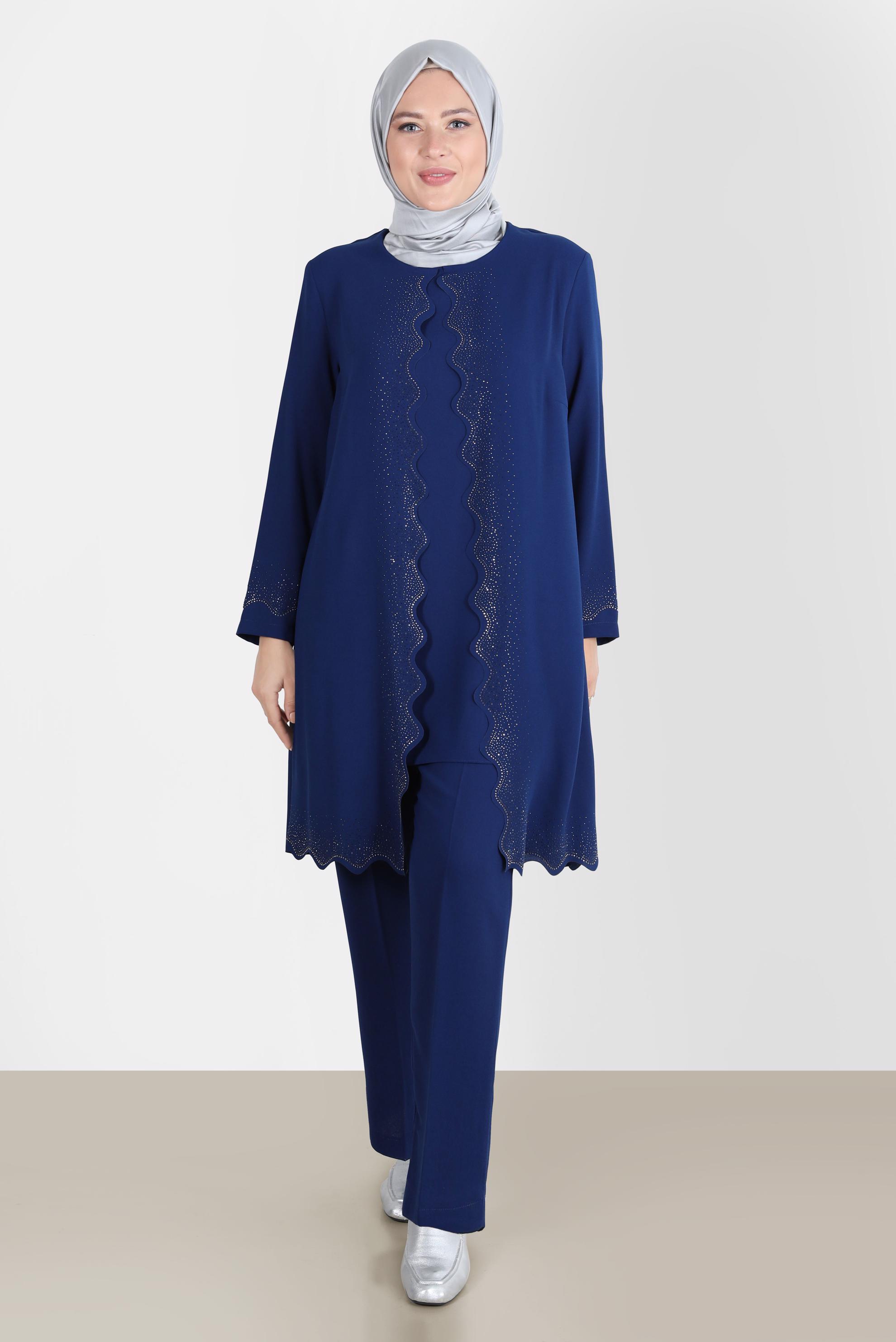 Tesettür giyim LACİVERT TAŞ DETAYLI KREP İKİLİ PANT. TAKIM 20242 