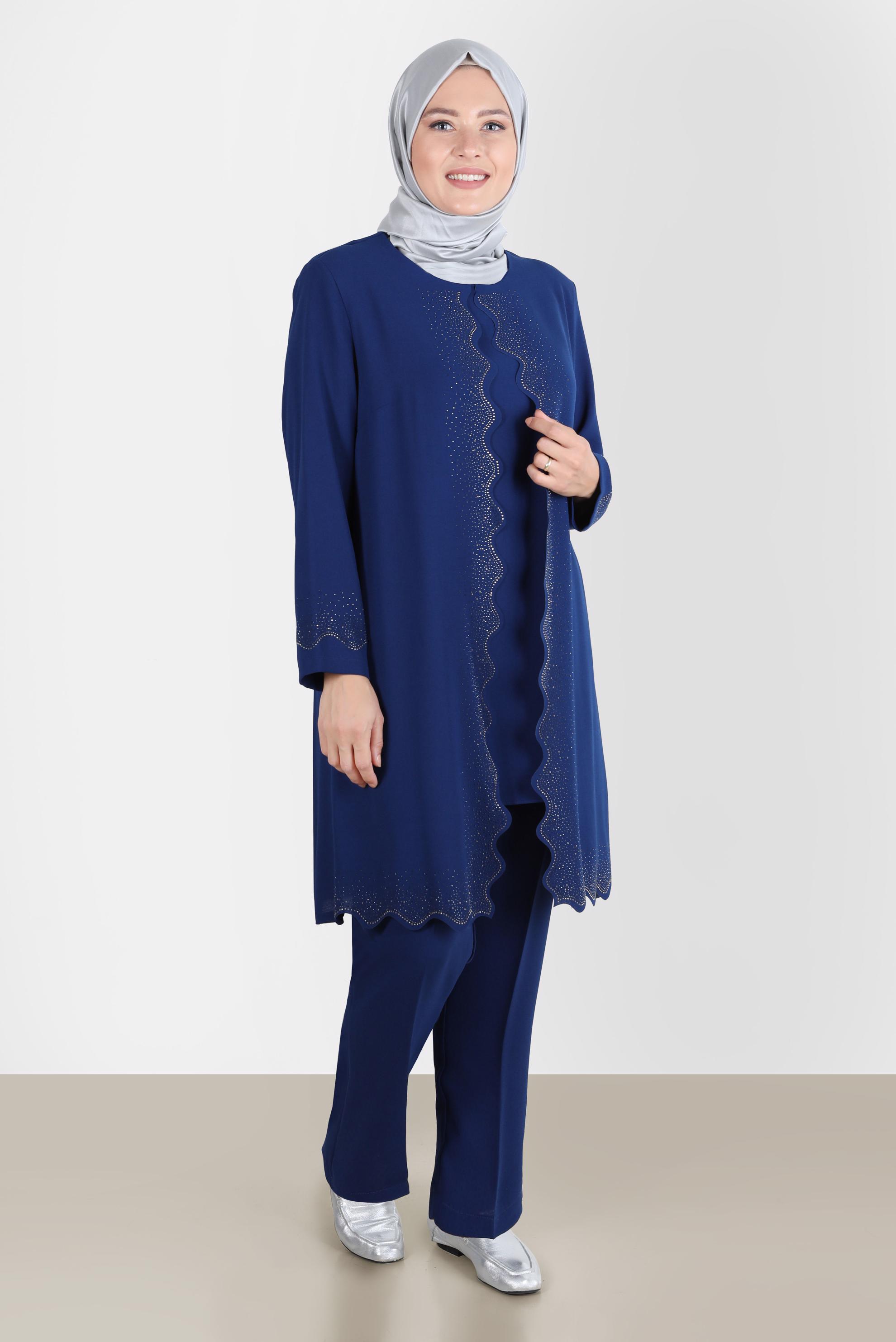 Tesettür giyim LACİVERT TAŞ DETAYLI KREP İKİLİ PANT. TAKIM 20242 