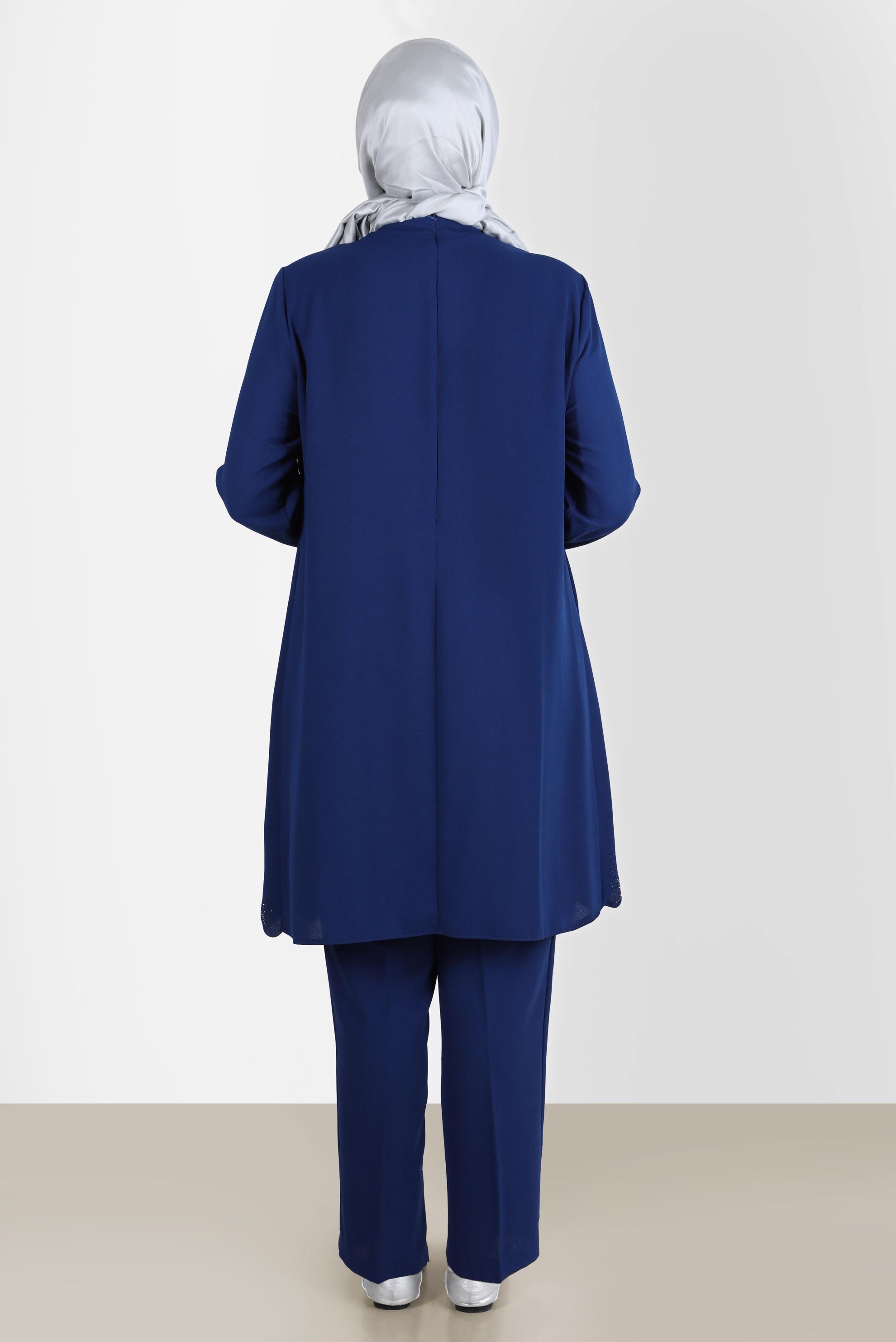 Tesettür giyim LACİVERT TAŞ DETAYLI KREP İKİLİ PANT. TAKIM 20242 