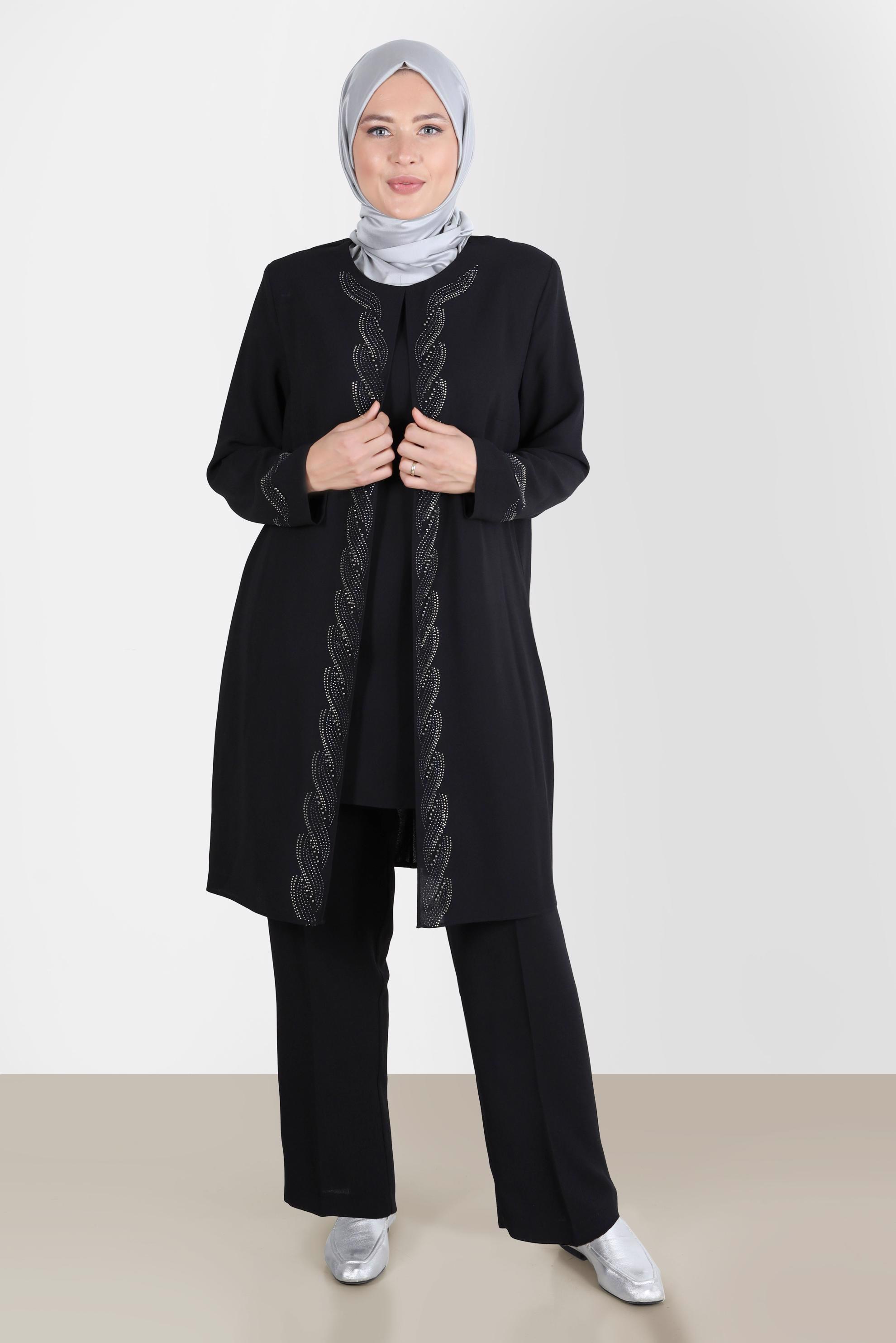Tesettür giyim SİYAH TAŞ DETAYLI KREP İKİLİ PANT. TAKIM 20243 