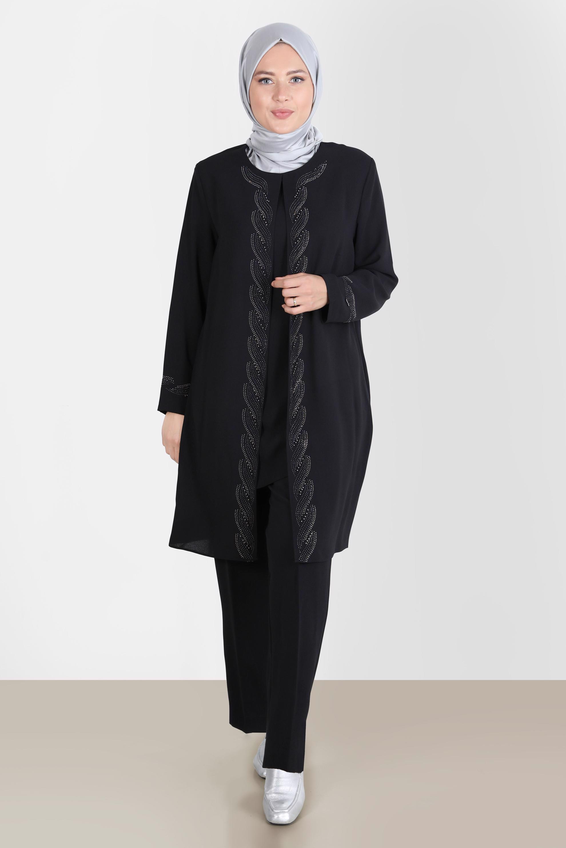 Tesettür giyim SİYAH TAŞ DETAYLI KREP İKİLİ PANT. TAKIM 20243 