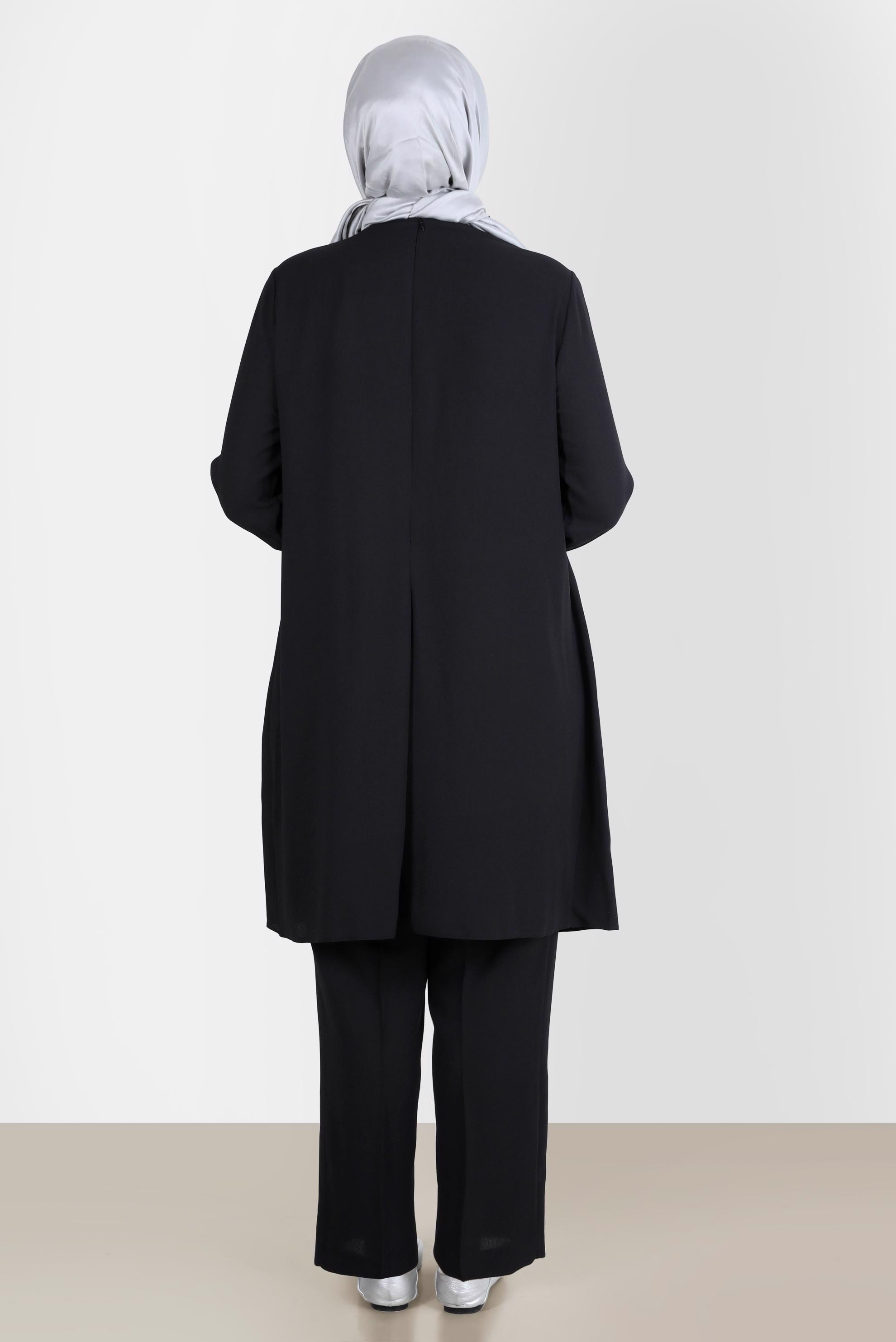 Tesettür giyim SİYAH TAŞ DETAYLI KREP İKİLİ PANT. TAKIM 20243 