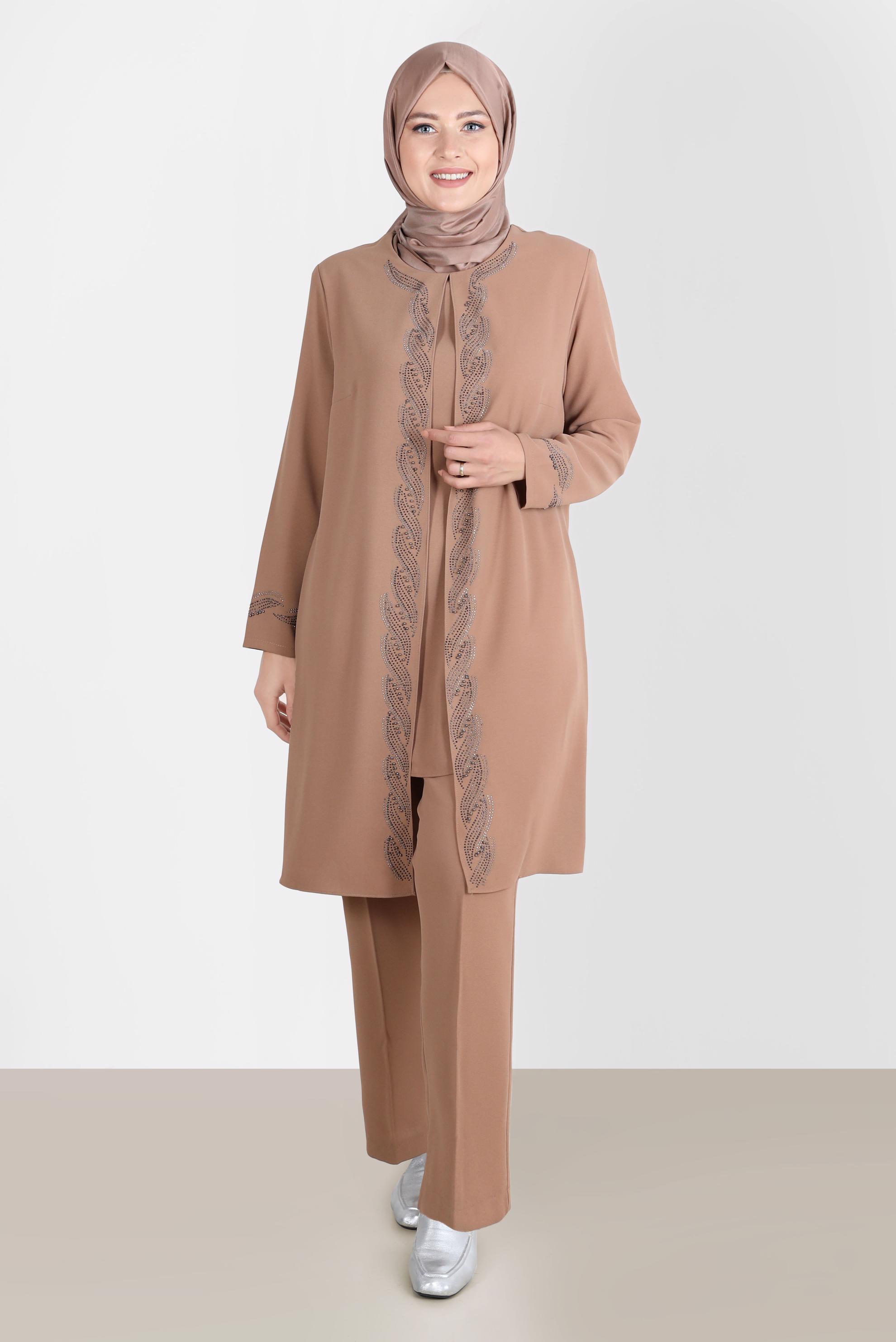 Tesettür giyim KAHVE TAŞ DETAYLI KREP İKİLİ PANT. TAKIM 20243 